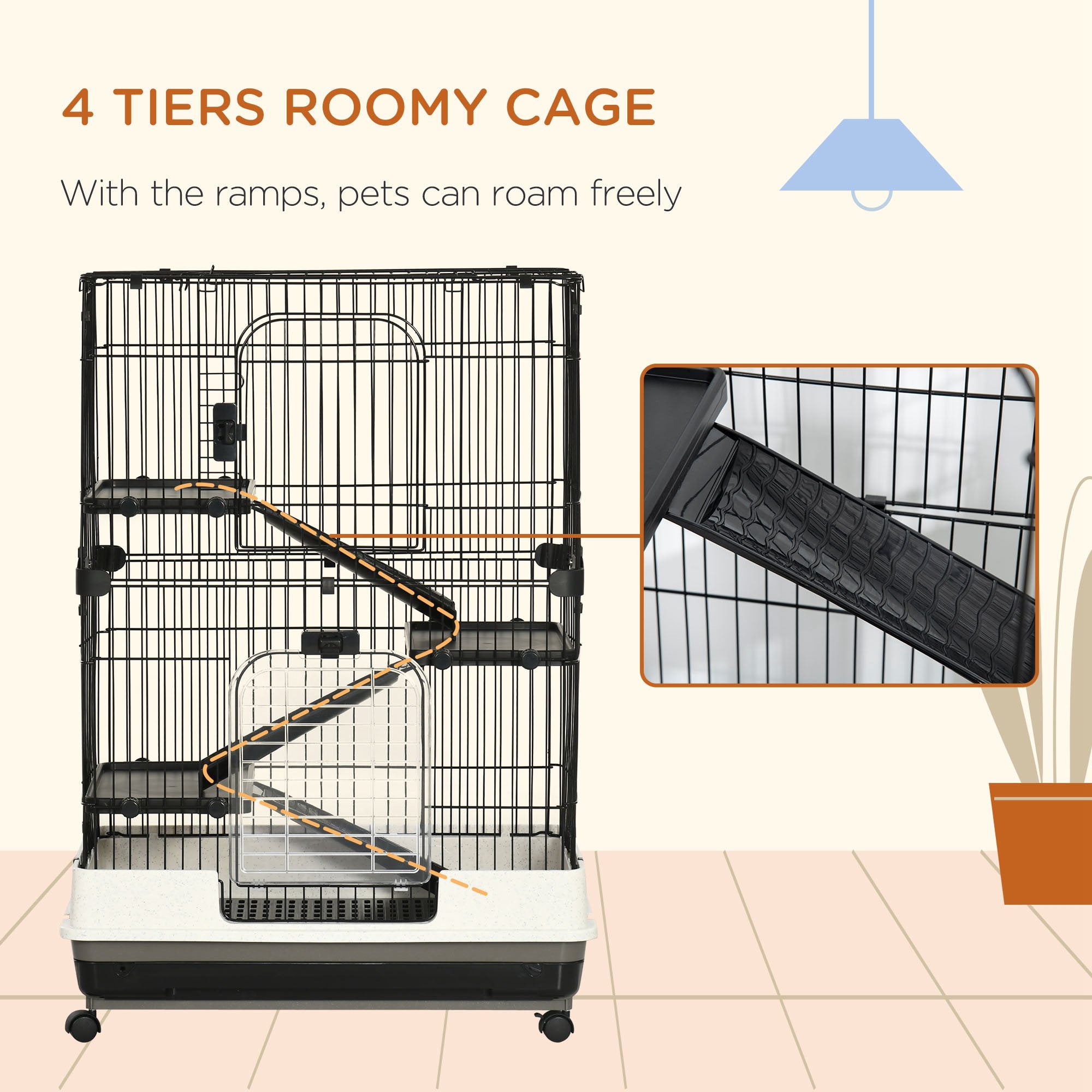 32"L 4-Level Small Animal Cage Rabbit Hutch with Universal Lockable Wheels, Slide-out Tray for Bunny, Chinchillas, Ferret, Black