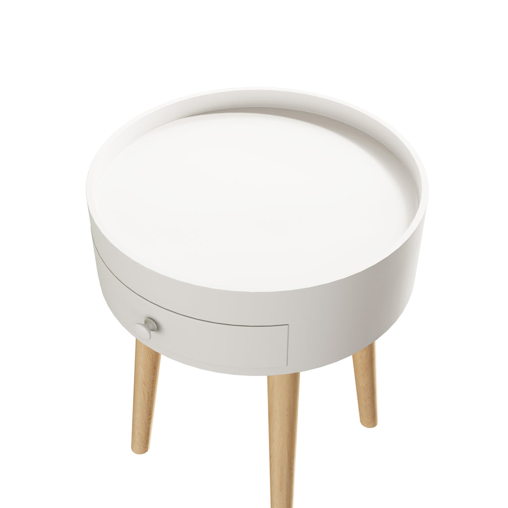 18" Storage Drawer Bedside Table, Scratch Resistant, Easy to Clean, Oak Legs, Simple Installation, White