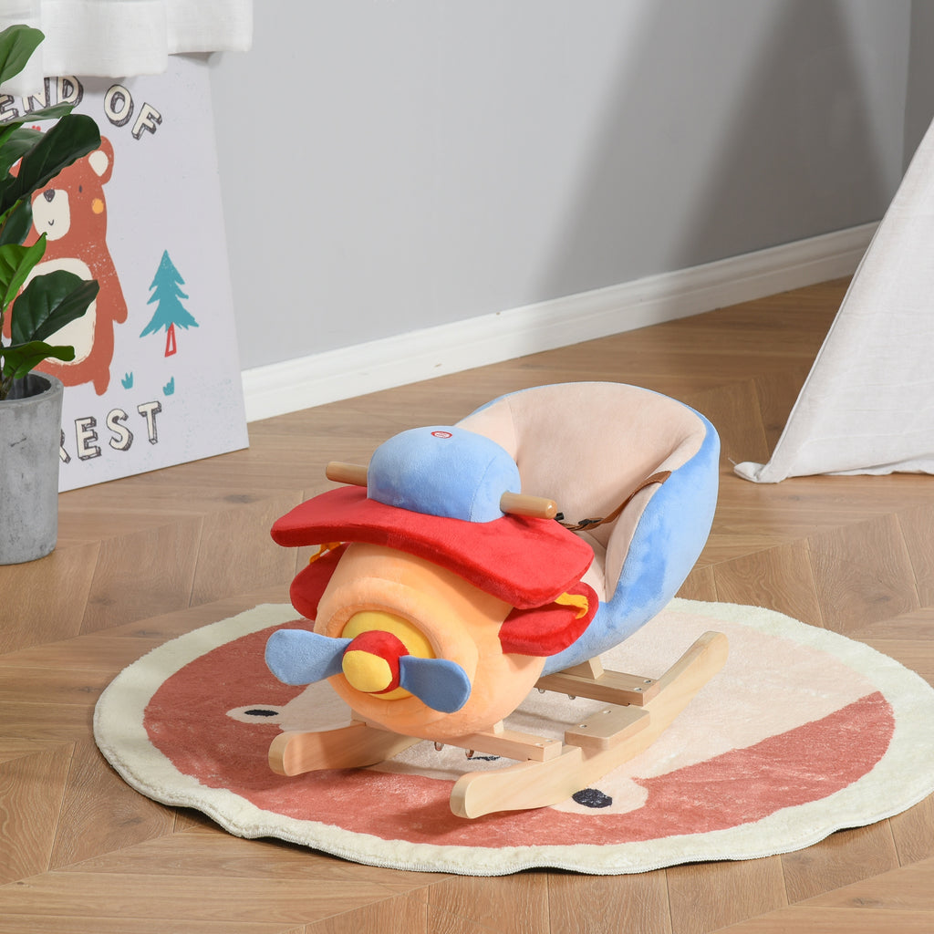 Kids Rocking Horse, Wooden Plush Ride-on Plane Chair Toy with Lullby Song and Seat Belt for 18 Month +