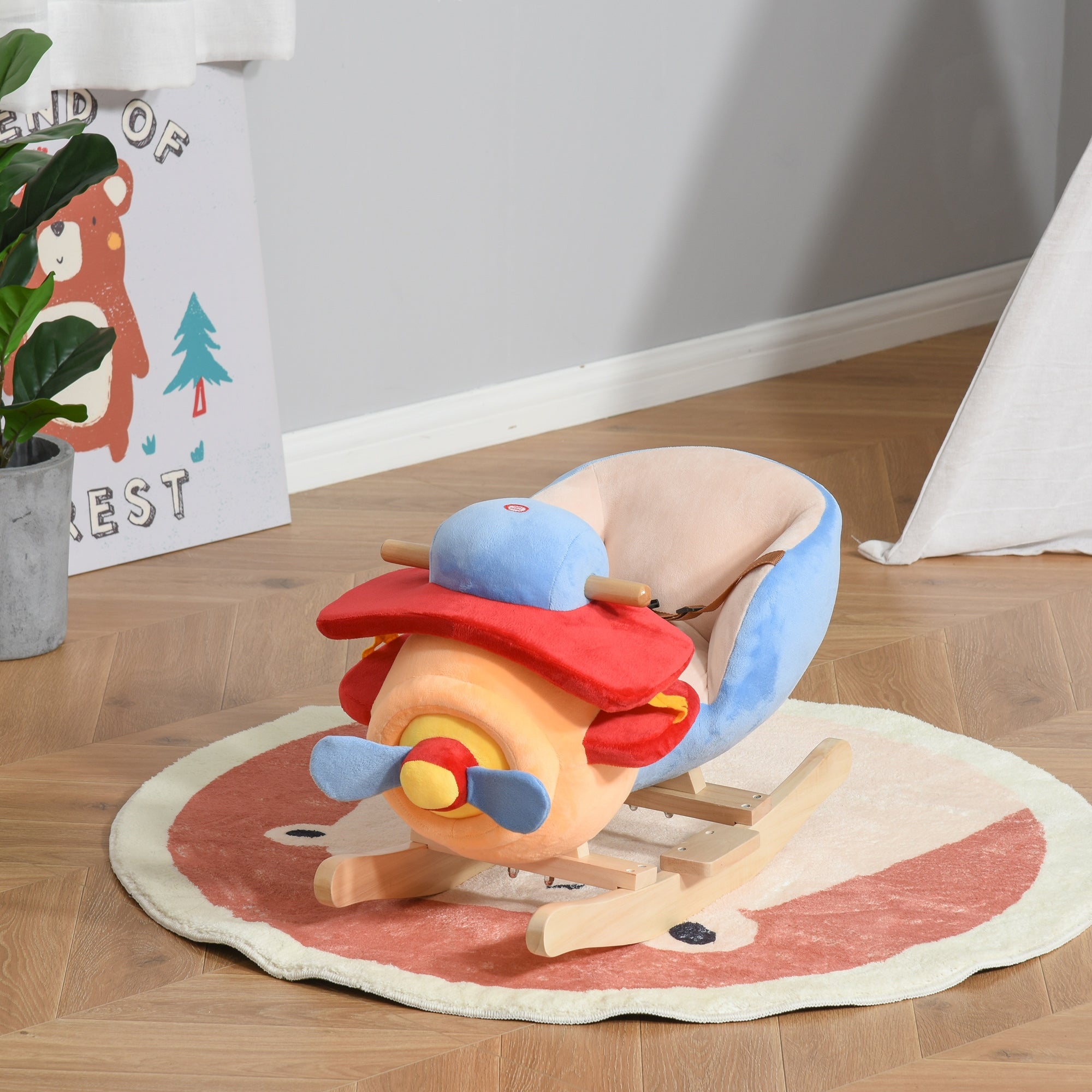 Kids Rocking Horse, Wooden Plush Ride-on Plane Chair Toy with Lullby Song and Seat Belt for 18 Month +