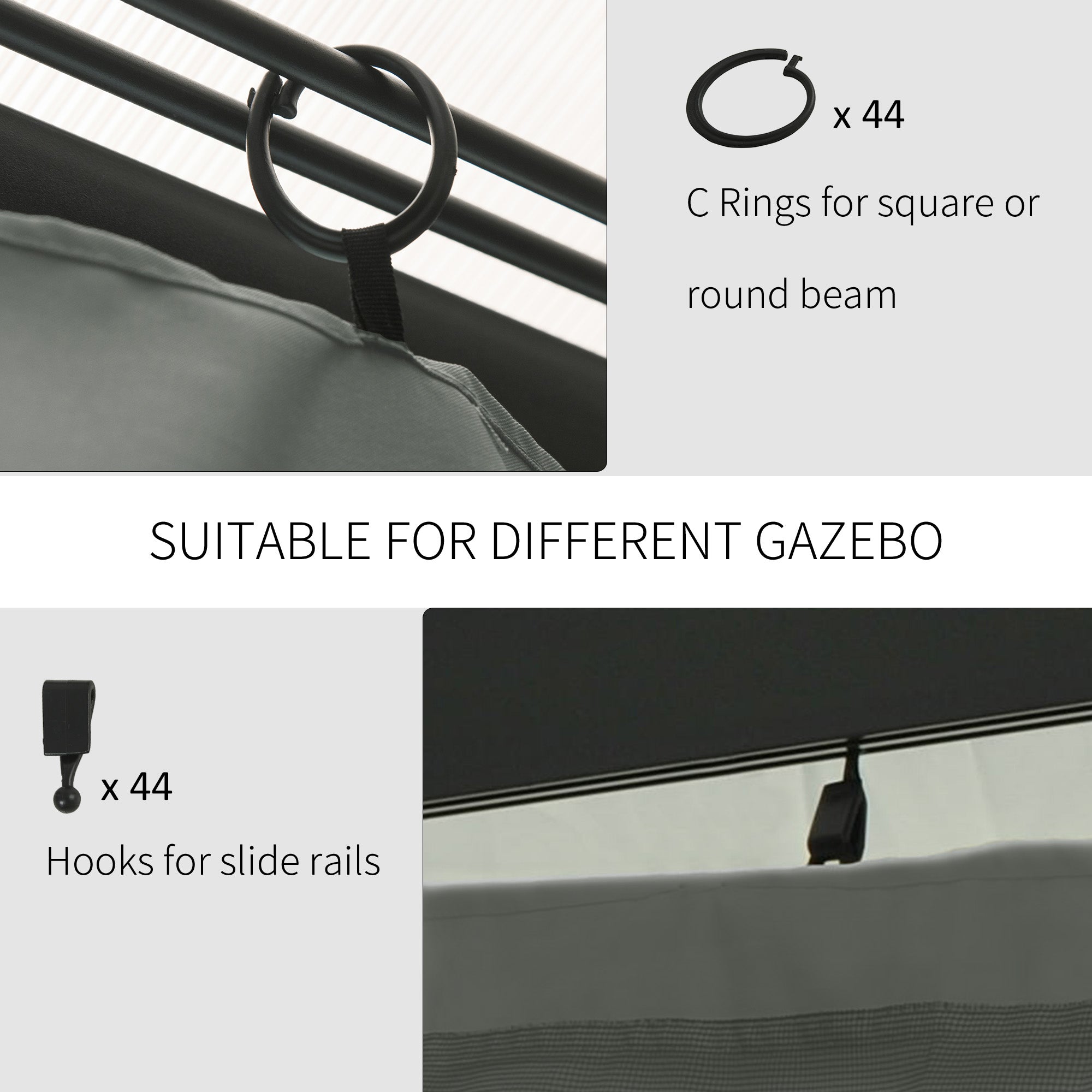 9.84' x 11.8' Gazebo Sidewall Set with Hooks/C-Rings, Gray