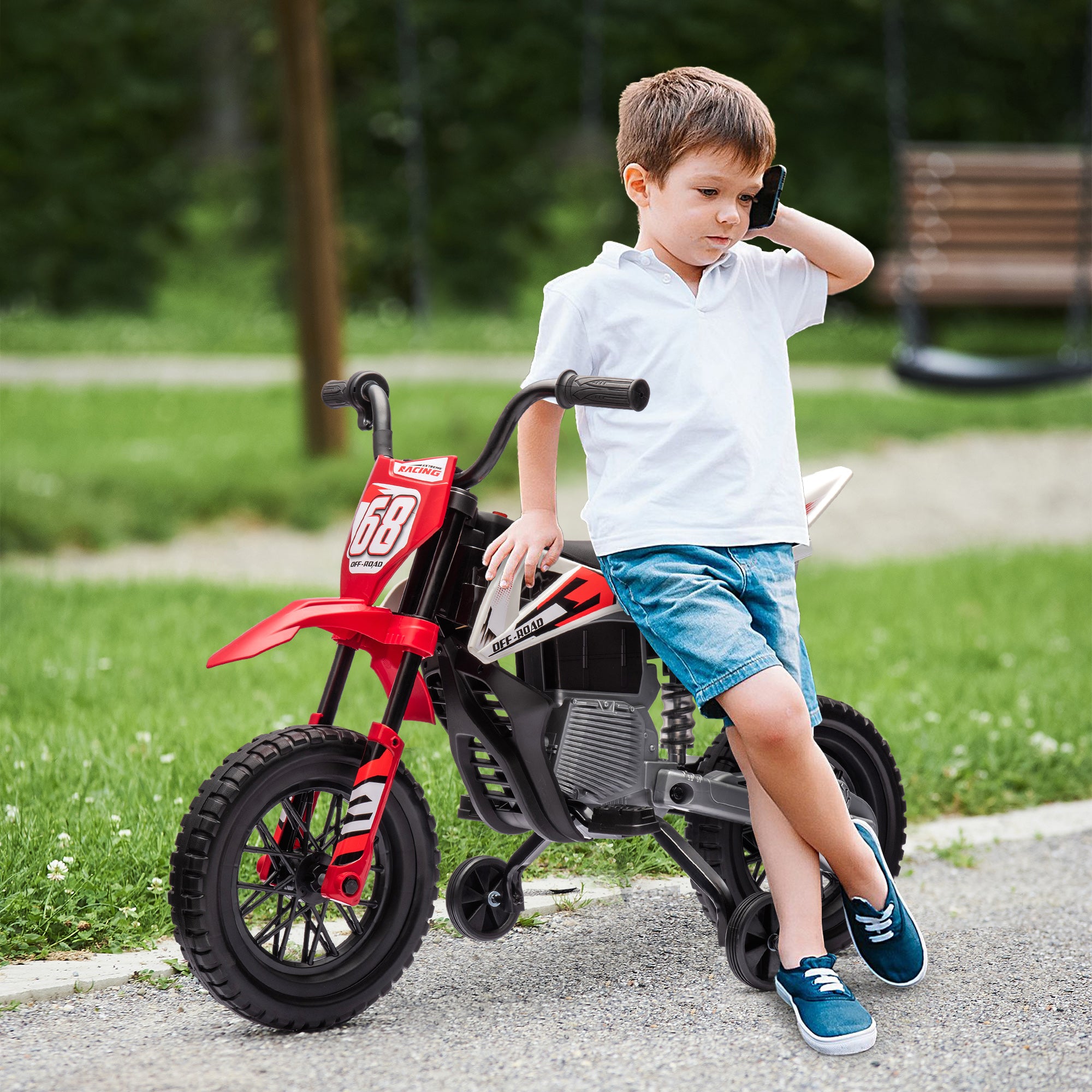 12V Kids Electric Motorcycle w/ Twist Grip Throttle, Training Wheels, Rear Suspension & Music, Red