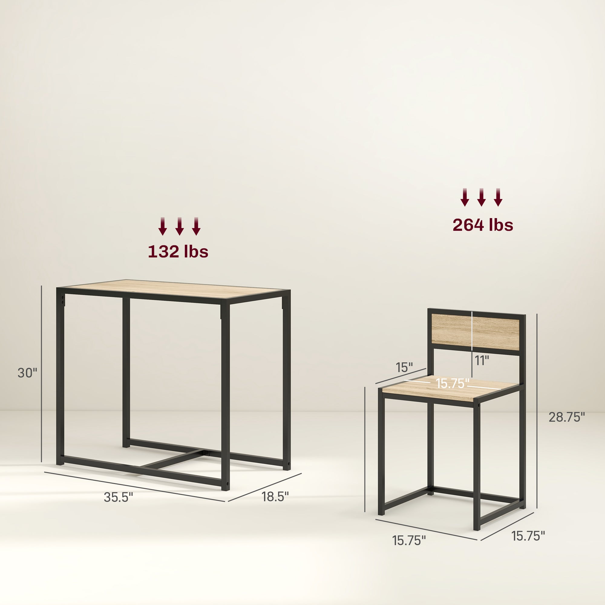 3-Piece Dining Room Set, Industrial Kitchen Table Set with Rectangular Table and 2 Dining Chairs, Oak