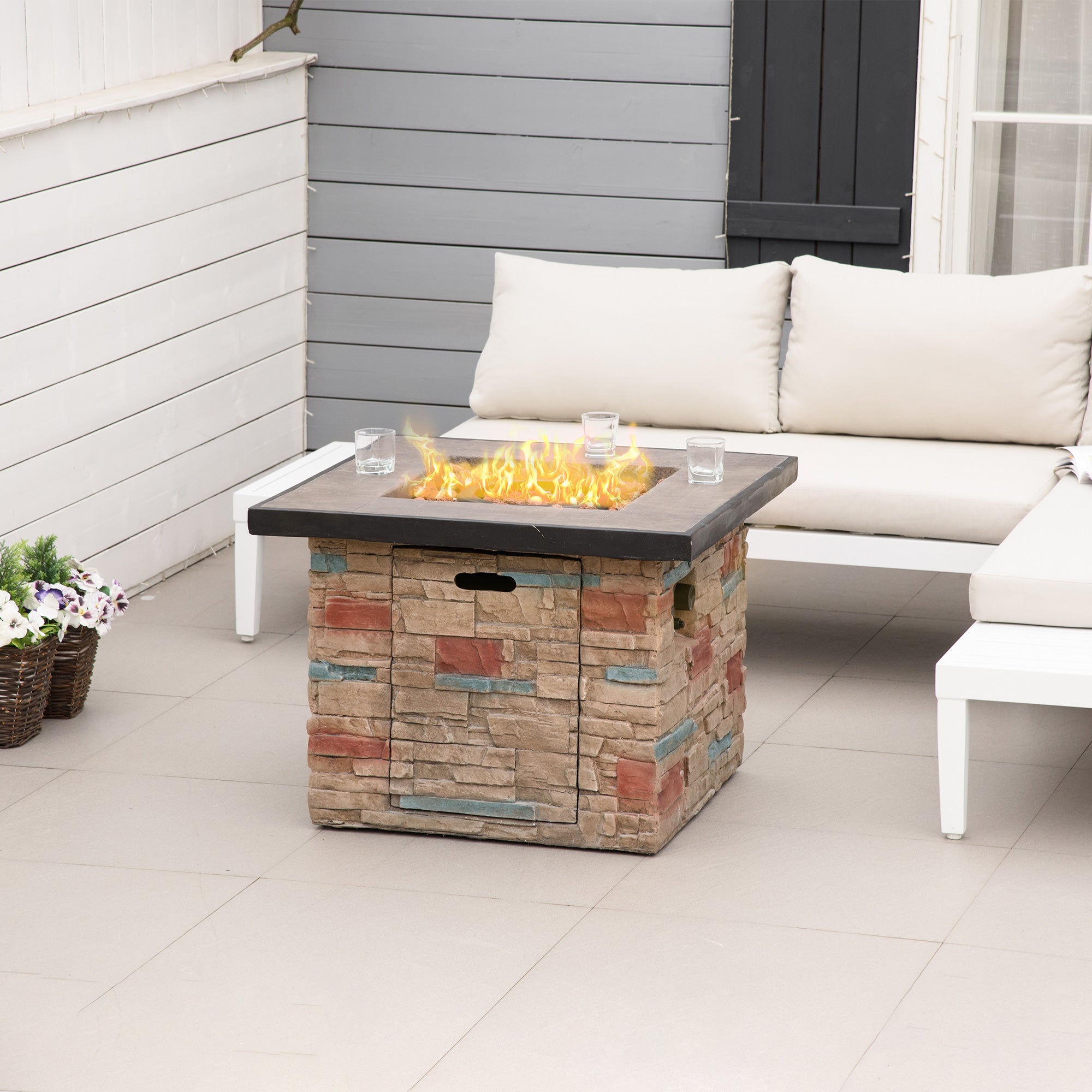 32 Inch Outdoor Propane Gas Fire Pit Table, 50,000 BTU Auto-Ignition Square Faux Ledge Stone Gas Firepit with Lava Rocks and Rain Cover, CSA Certification, Brown