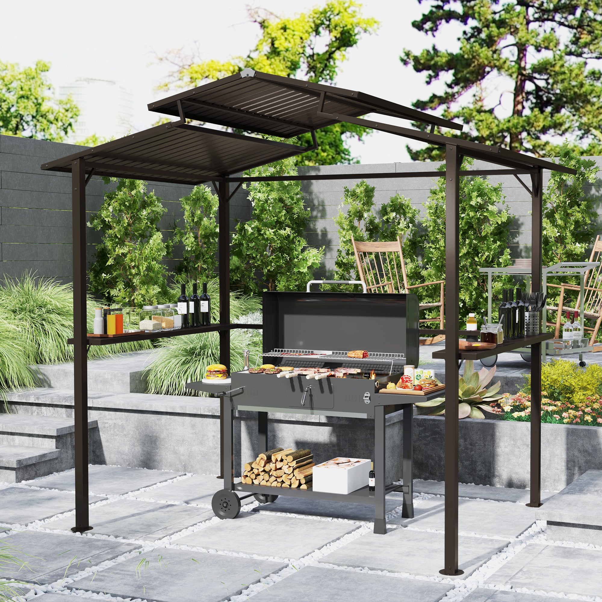8 x 5ft Hardtop Grill Gazebo with Double Metal Roof, 2 Side Shelves and 4 Cup Holders for Patio Backyard Lawn Deck