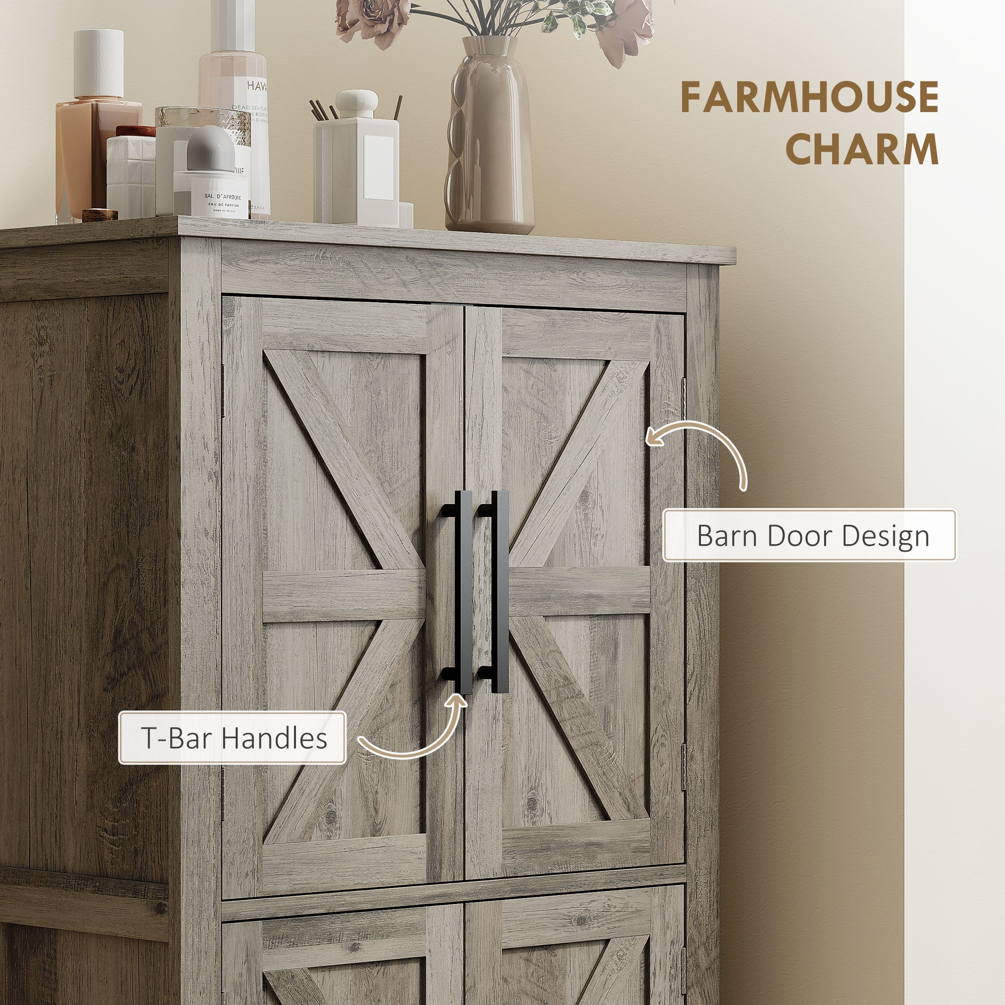 Bathroom Floor Storage Cabinet, Farmhouse Bathroom Cabinet with 4 Doors and Adjustable Shelf, Light Gray
