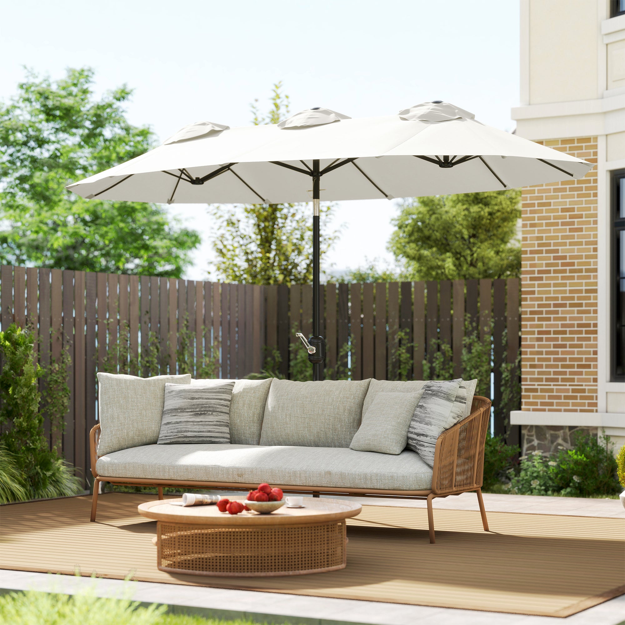 Double Sided Patio Umbrella, 9.7' Large Outdoor Market Umbrella with Push Button Tilt and Crank, 3 Air Vents and 12 Ribs, for Garden, Deck, Pool, White