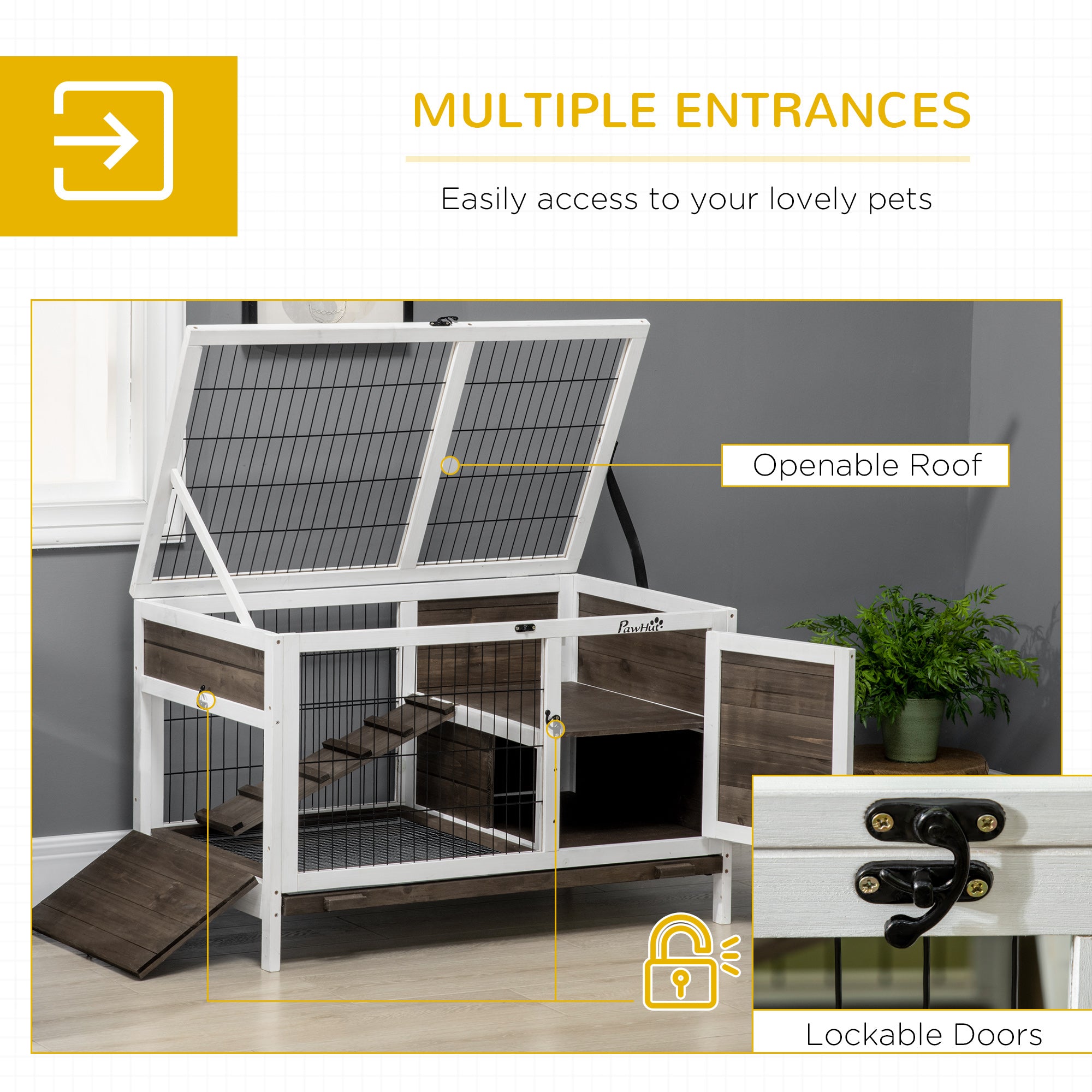 Wood Rabbit Hutch, Elevated Guinea Pig Cage with Run, Coffee