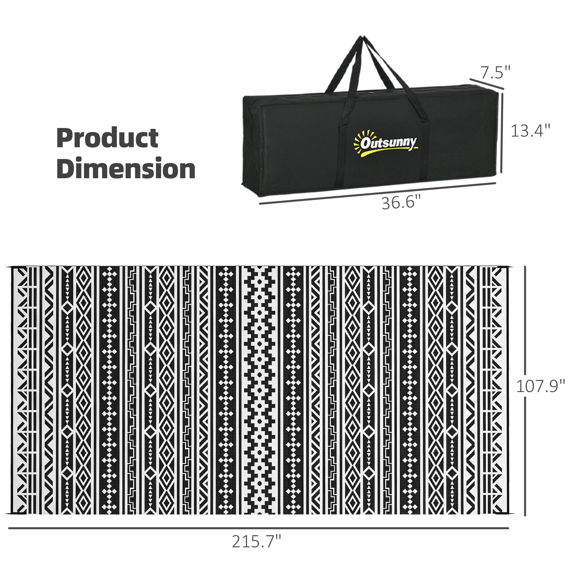 Reversible Outdoor Rug, Waterproof Plastic Straw with Carry Bag, 9' x 18', Black & White Geometric Wall