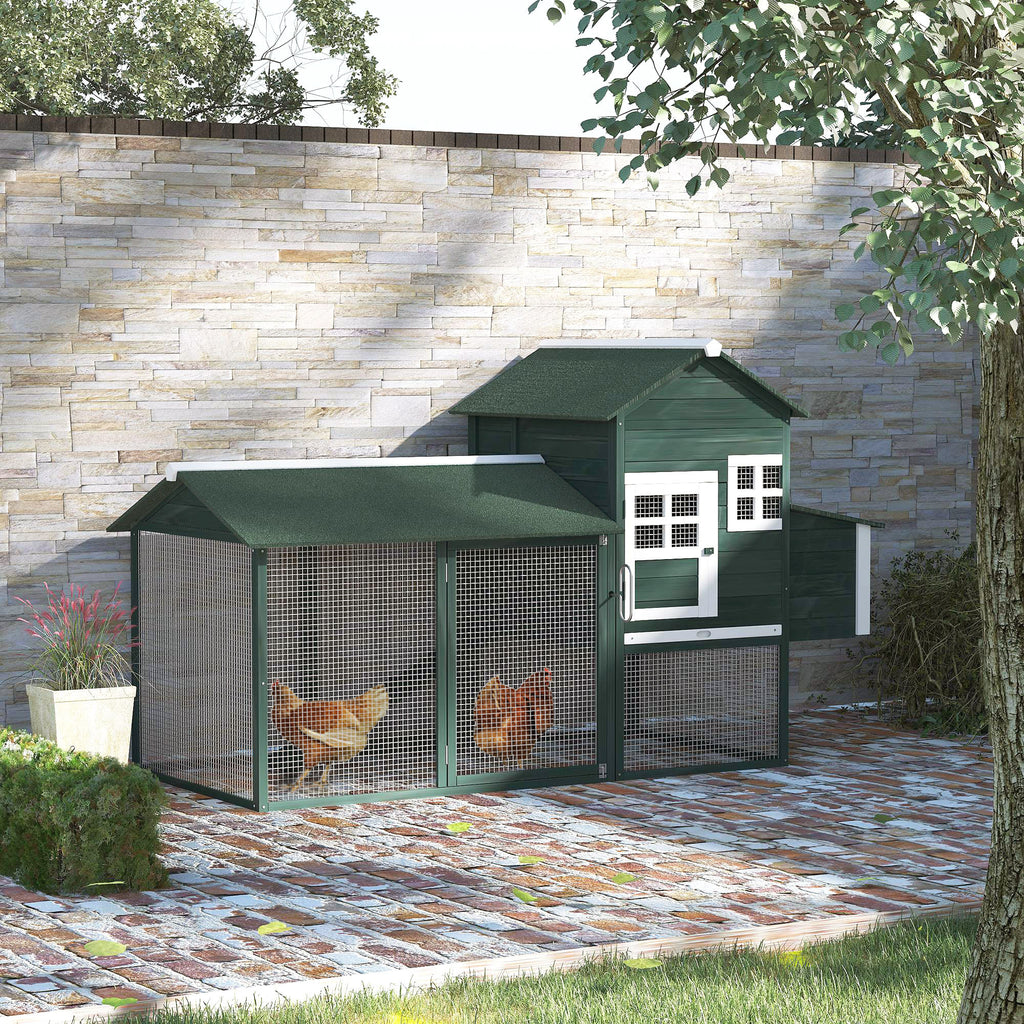 84" Wooden Chicken Coop, Hen House Outdoor with Run Nesting Box, Asphalt Roof, Removable Tray, Ramp, Poultry Cage for 2-3 Chickens, Green