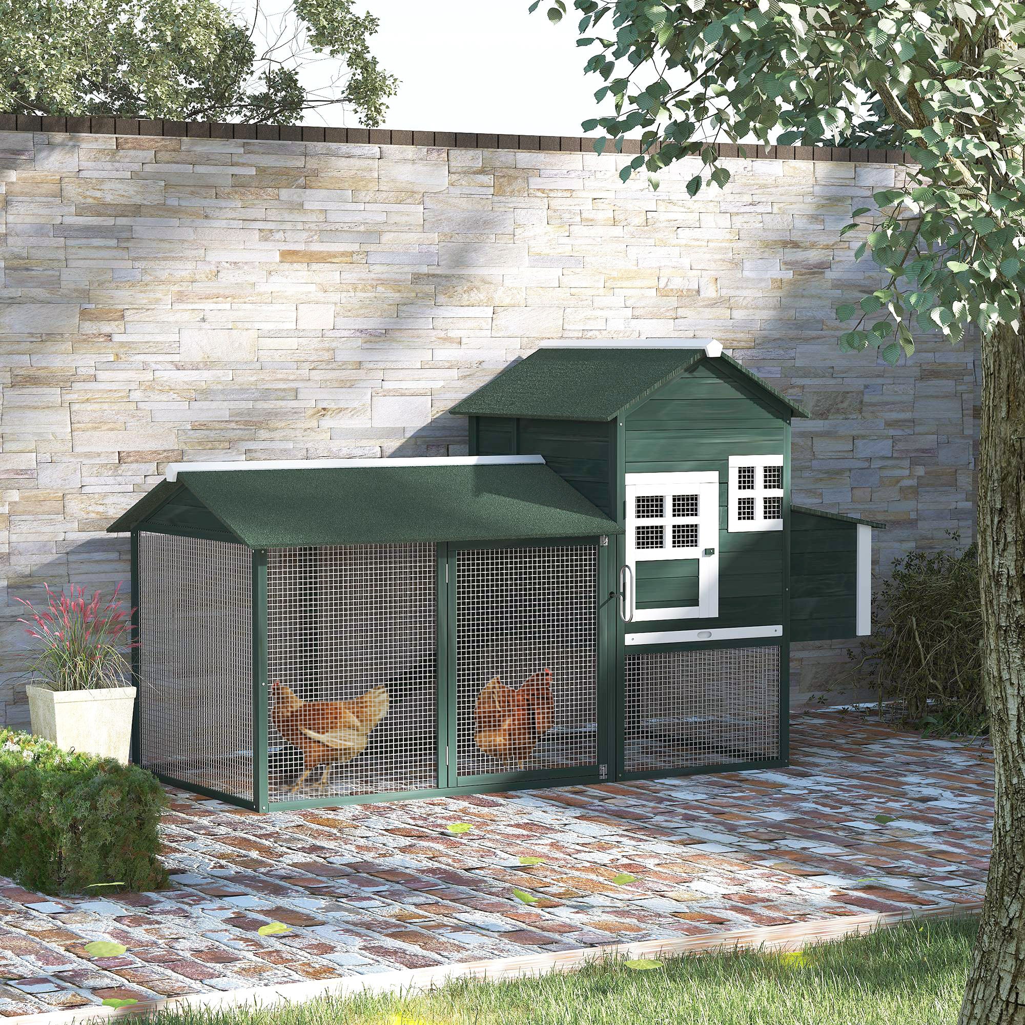 84" Wooden Chicken Coop, Hen House Outdoor with Run Nesting Box, Asphalt Roof, Removable Tray, Ramp, Poultry Cage for 2-3 Chickens, Green