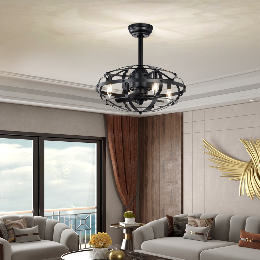 Industrial Bladeless Ceiling Fan with Lights, 18" Caged Design, Reversible Motor, Remote Control, Downrod Mount, E12 Standard Base, Matte Black