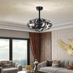 Industrial Bladeless Ceiling Fan with Lights, 18" Caged Design, Reversible Motor, Remote Control, Downrod Mount, E12 Standard Base, Matte Black