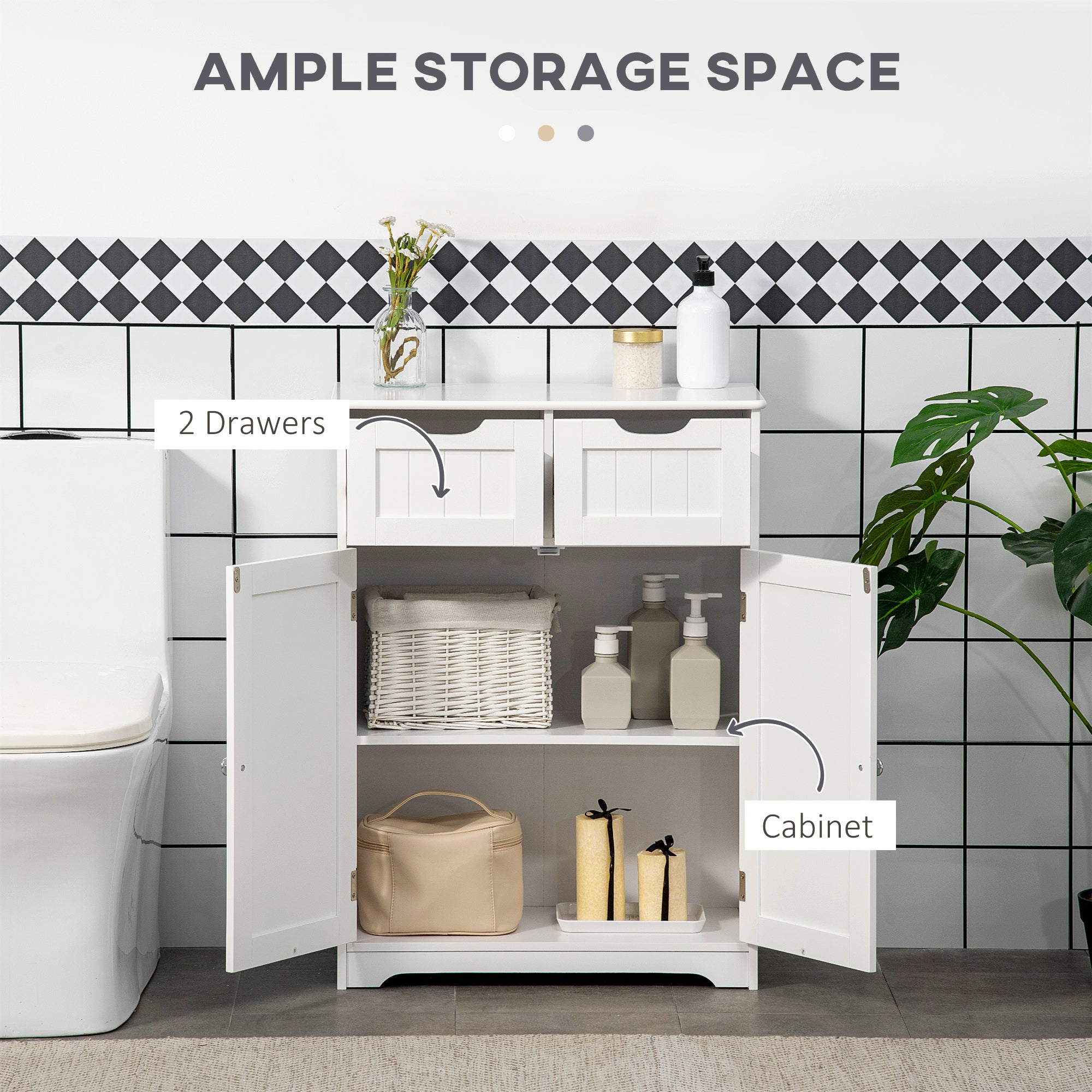 Freestanding Bathroom Storage Cabinet, Floor Cabinet with 2 Drawers, Adjustable Shelf, for Bathroom, Living Room or Entryway, White