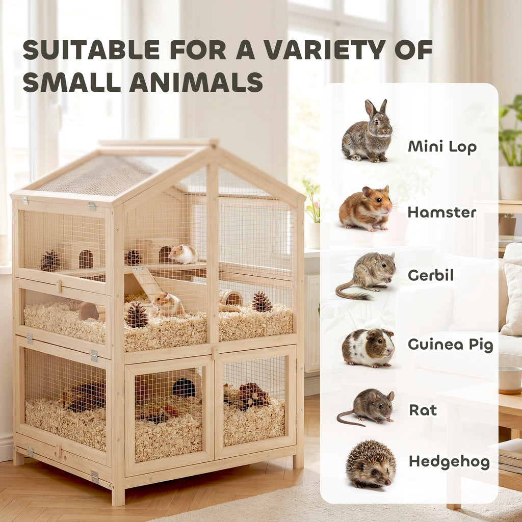 Wooden Hamster Cage, Large 3 Tier Hamster Cage w/ Pull-Out Tray, Openable Top, Hut, Seesaws, 26.8"L x 24.2"W x 35.4"H