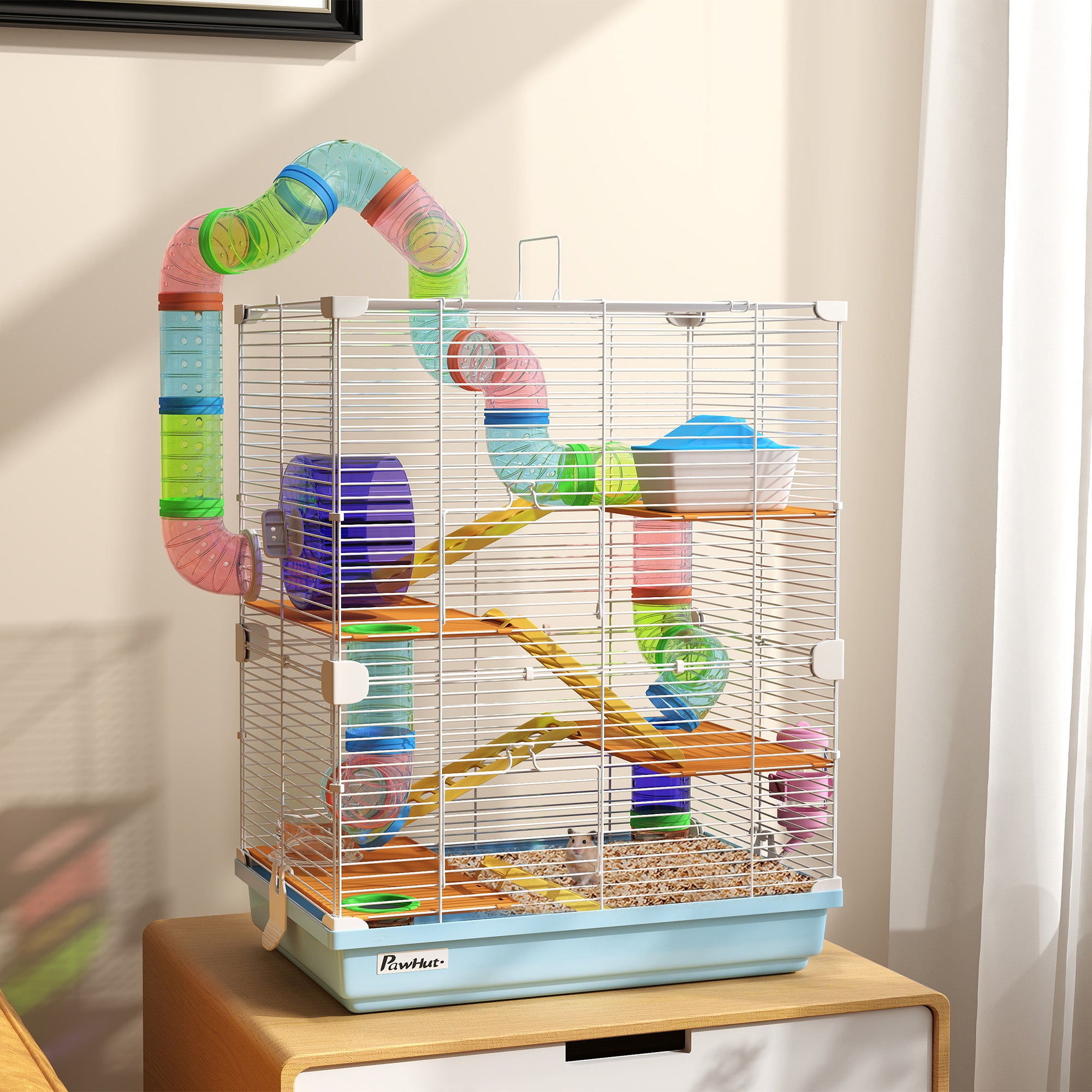5 Tiers Hamster Cage Portable Animal Travel Carrier w/ Exercise Wheels Tube, Light Blue