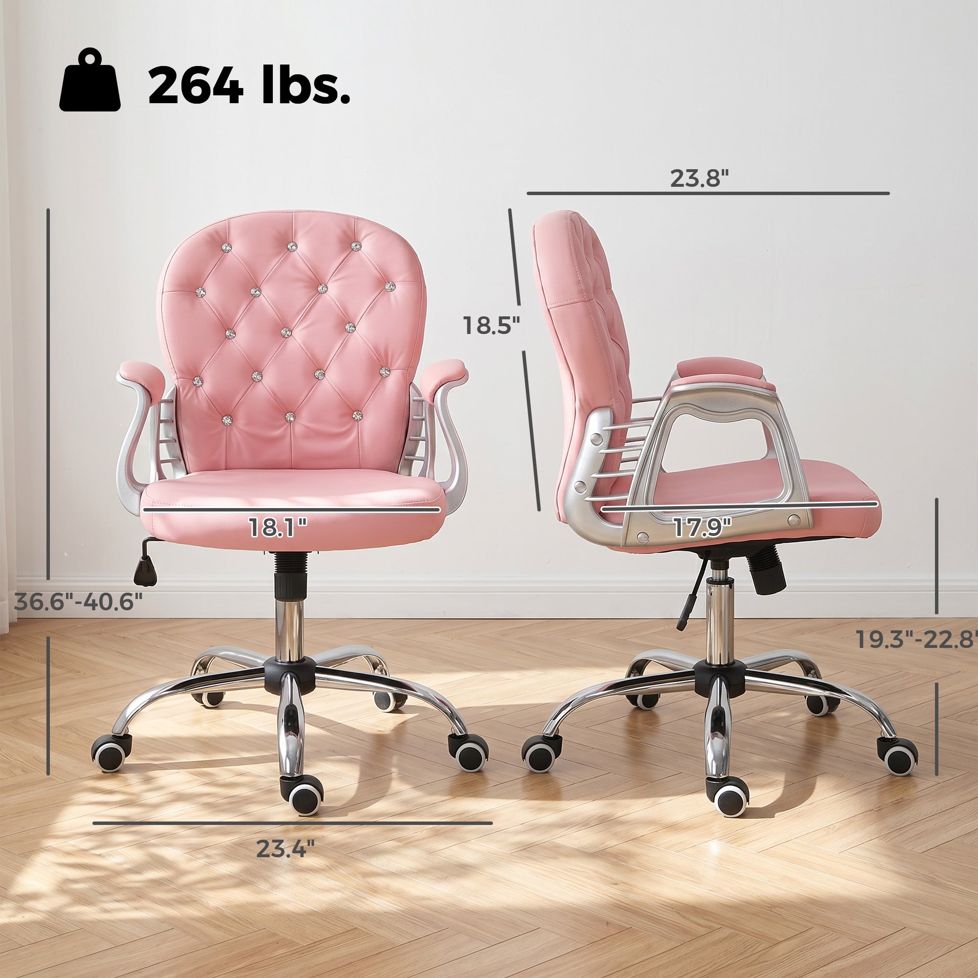Button Tufted Desk Chair, Home Office Chair with Padded Armrests, Adjustable Height and Swivel Wheels, Black