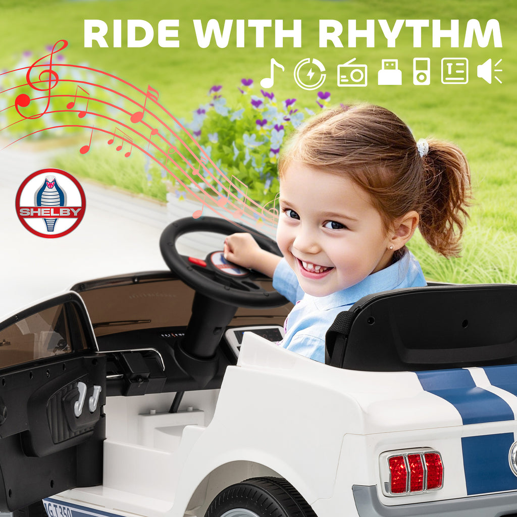 Licensed Shelby GT 350 Kids Ride On Car with Remote Control, Adjustable Speed, MP3, Smooth Start, LED Lights, White