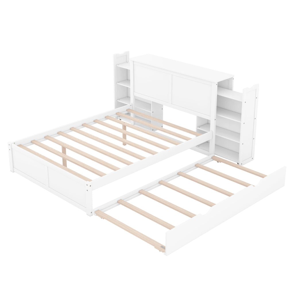 Full Size Storage Platform Bed with Pull Out Shelves, Twin Size Trundle, Solid Wood and MDF, 98" L x 89" W x 39.5" H, White