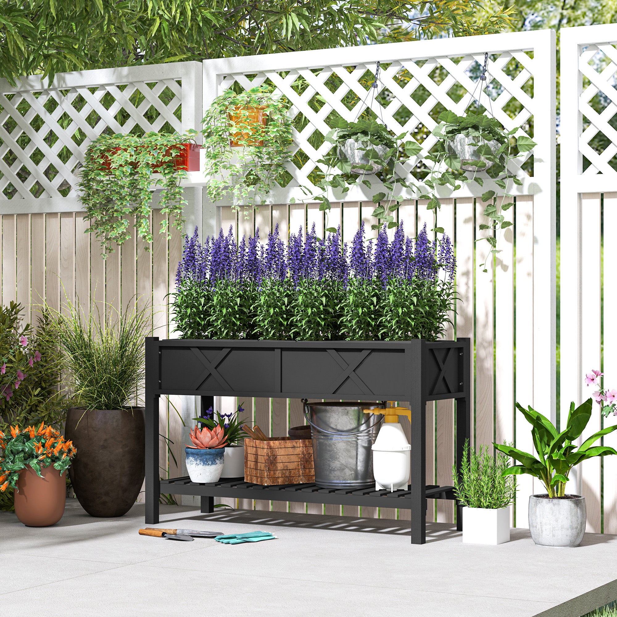 Raised Garden Bed, 47 x 22 x 31.5 in. Elevated Wood Planter Box with Storage Shelf, Drainage Holes, and Liner, Black