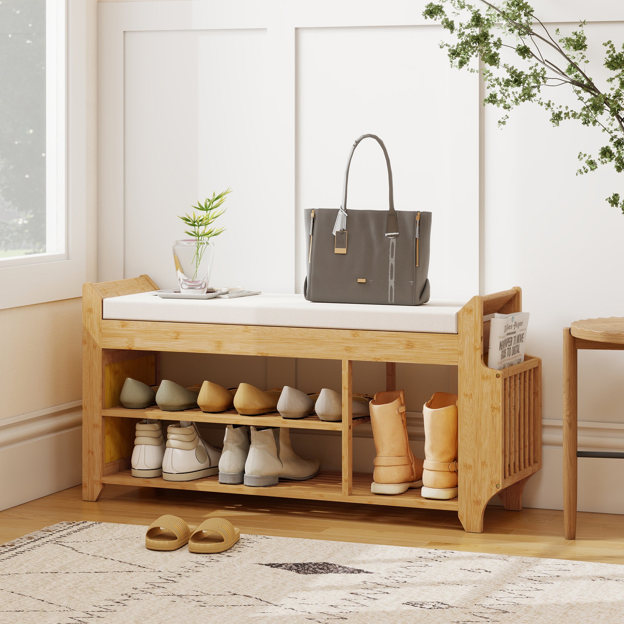Shoe Bench with Cushioned Seat Shoe Storage Bench with Side Umbrella Holder for Entryway Natural and Cream
