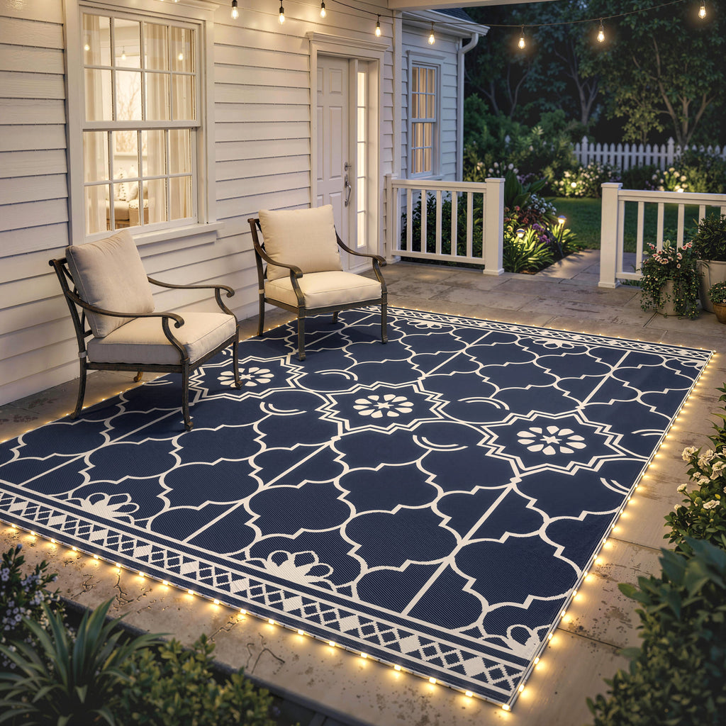 Reversible Outdoor Rug Carpet with LED Lights, 12' x 9' PP Straw Rug with Carry Bag and Ground Stakes