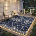 Reversible Outdoor Rug Carpet with LED Lights, 12' x 9' PP Straw Rug with Carry Bag and Ground Stakes