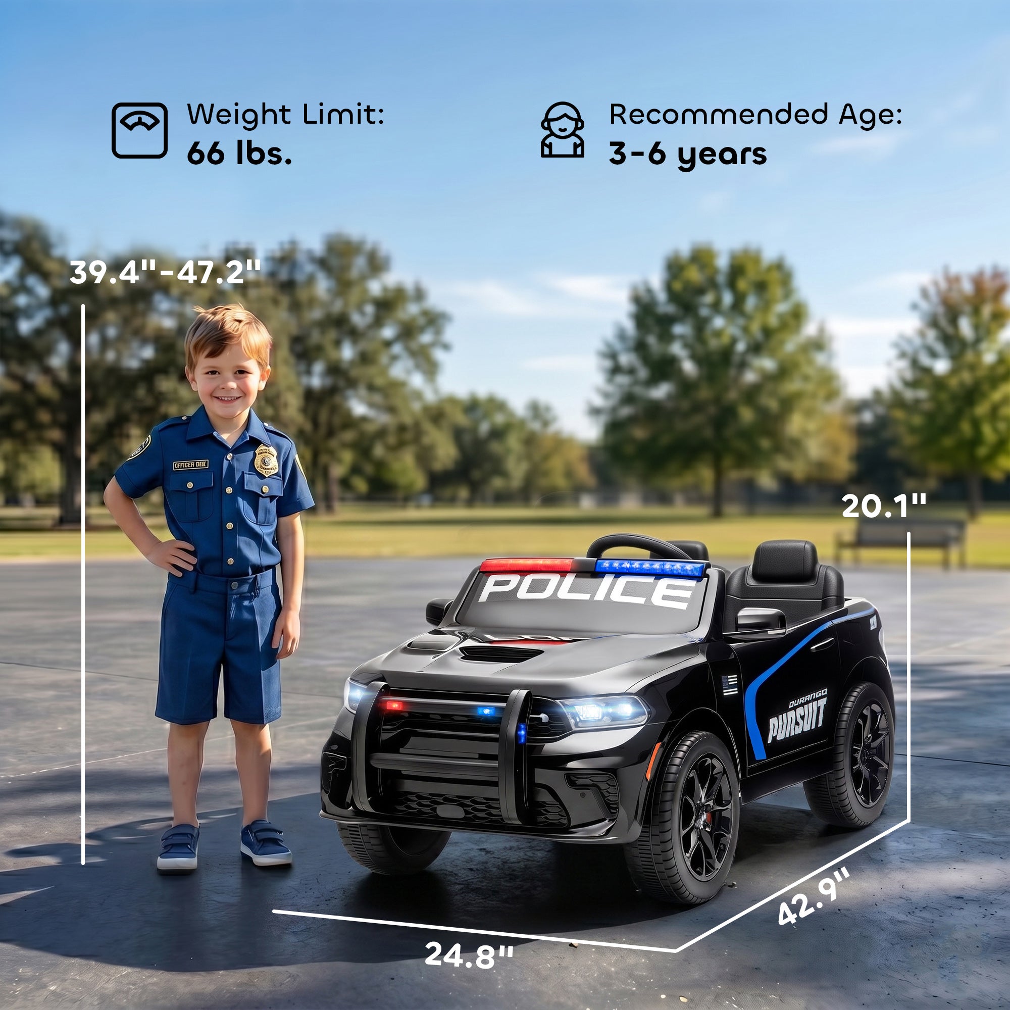 Licensed Ride On Police Car for Kids with 2 Seater, Remote, Suspension, Flashing Lights, Siren for Ages 3-6, Black