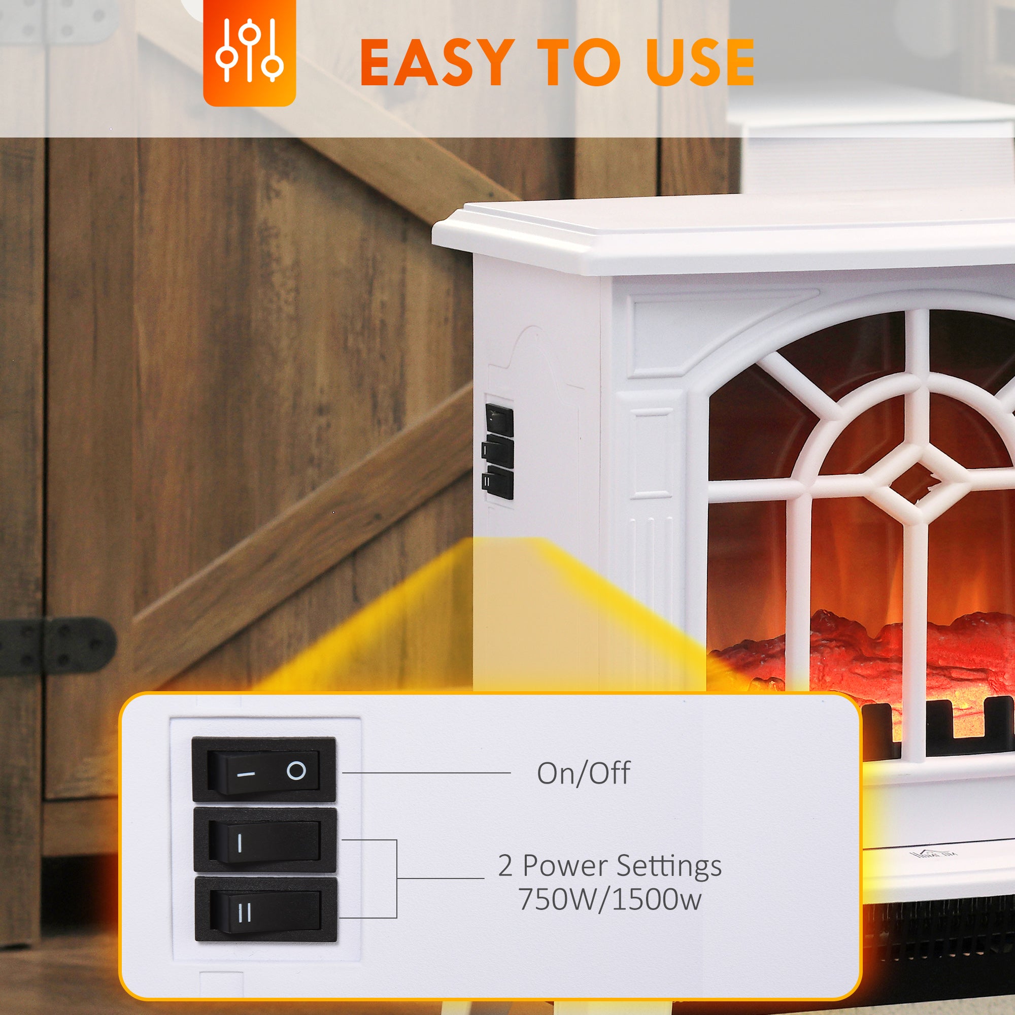 Electric Fireplace Heater, Freestanding Fireplace Stove with Realistic Flames Overheating Protection 750W/1500W, White