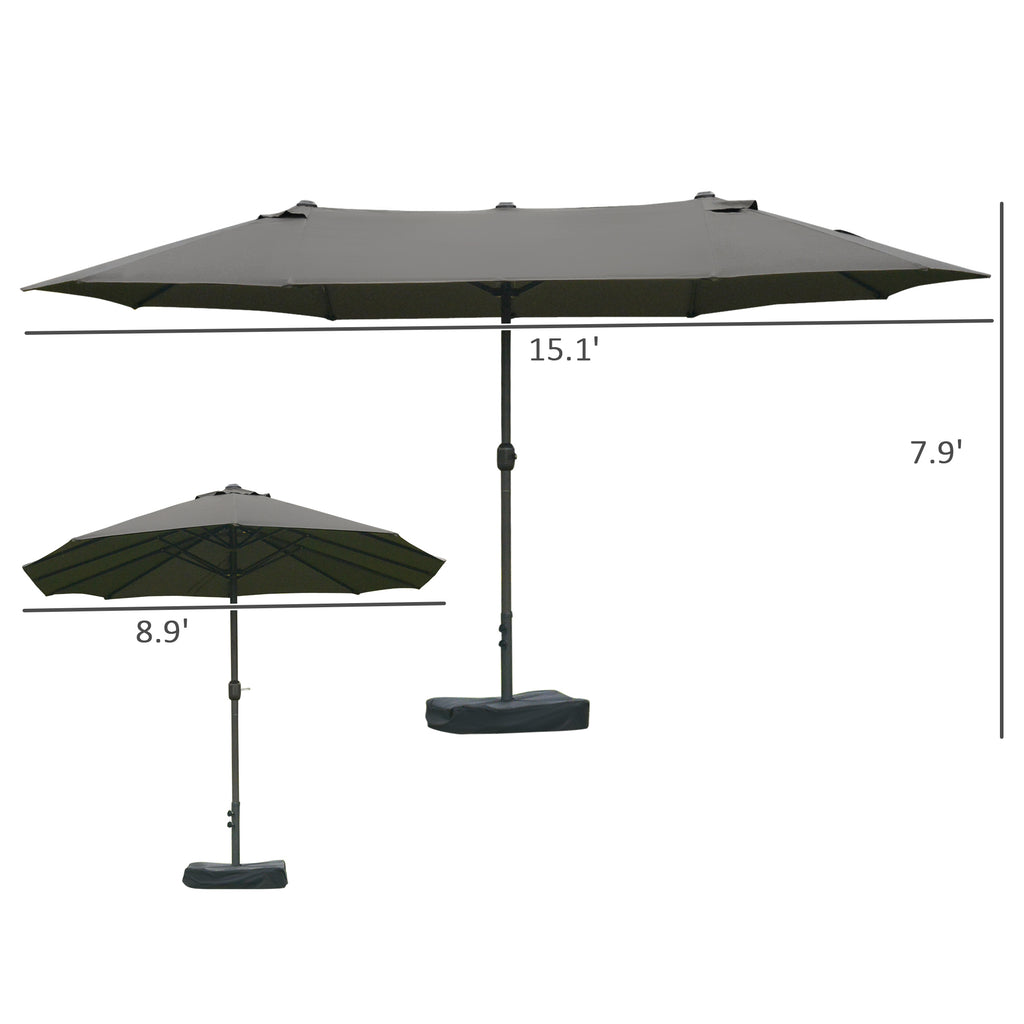 Patio Umbrella 15' Steel Rectangular Outdoor Double Sided Market with base, UV Sun Protection & Easy Crank for Deck Pool Patio Dark Gray