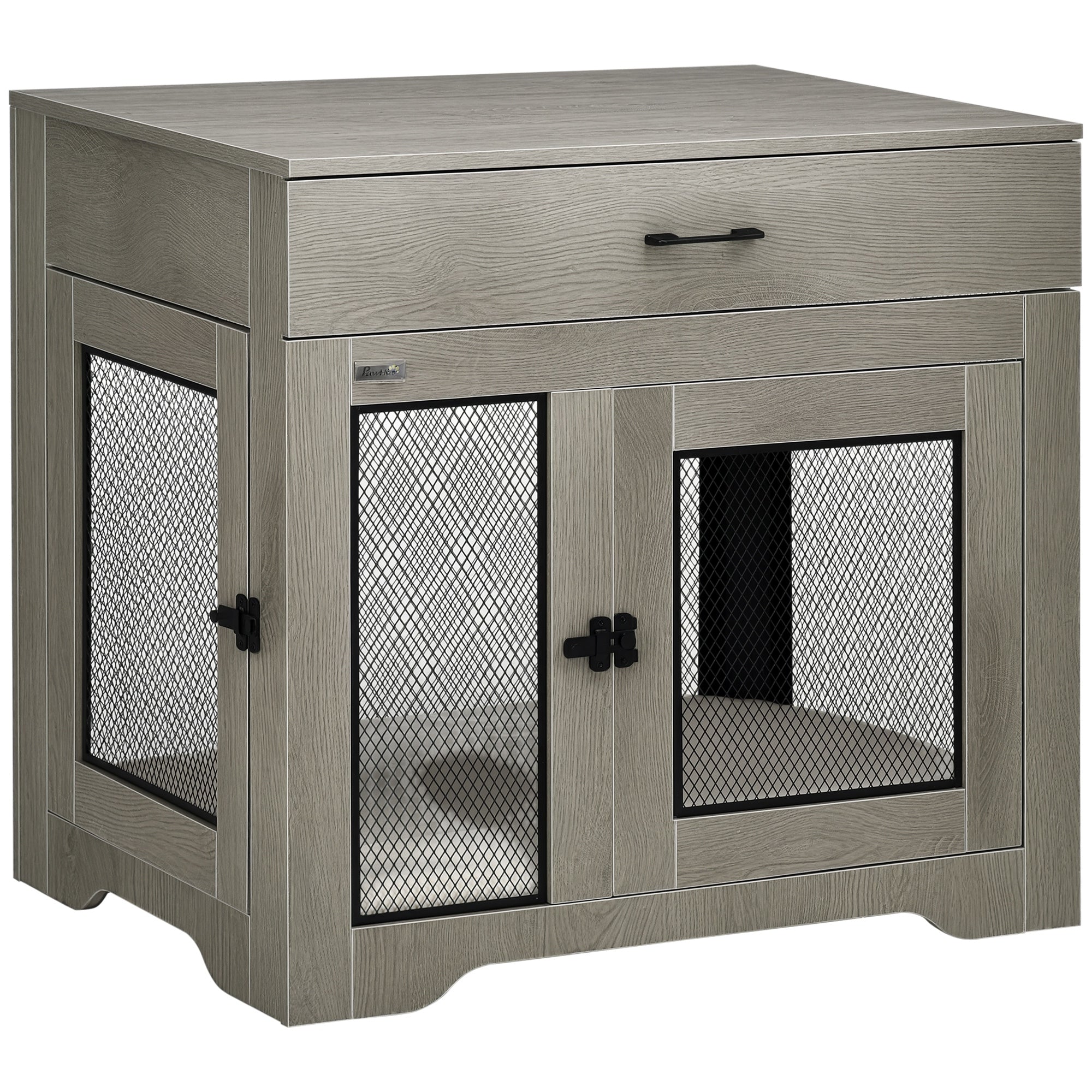 Dog Crate Furniture with Soft Water-Resistant Cushion, Drawer, for Small Dogs, Grey