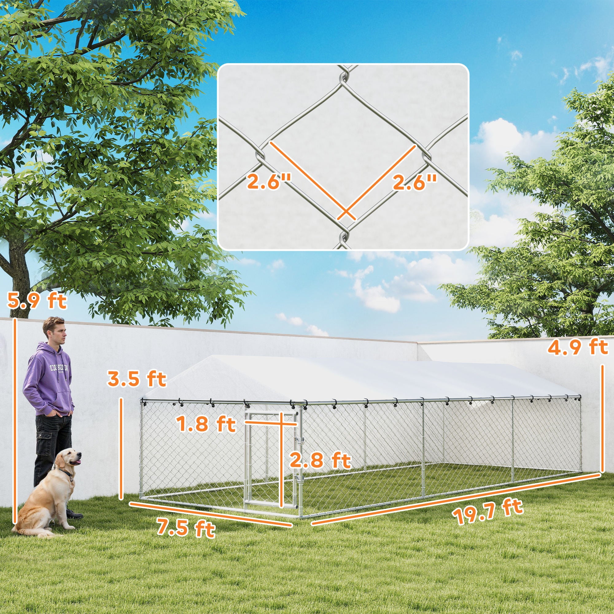 20' x 7.5' x 5' Dog Kennel Outdoor for Large Dogs with Waterproof Roof, Silver