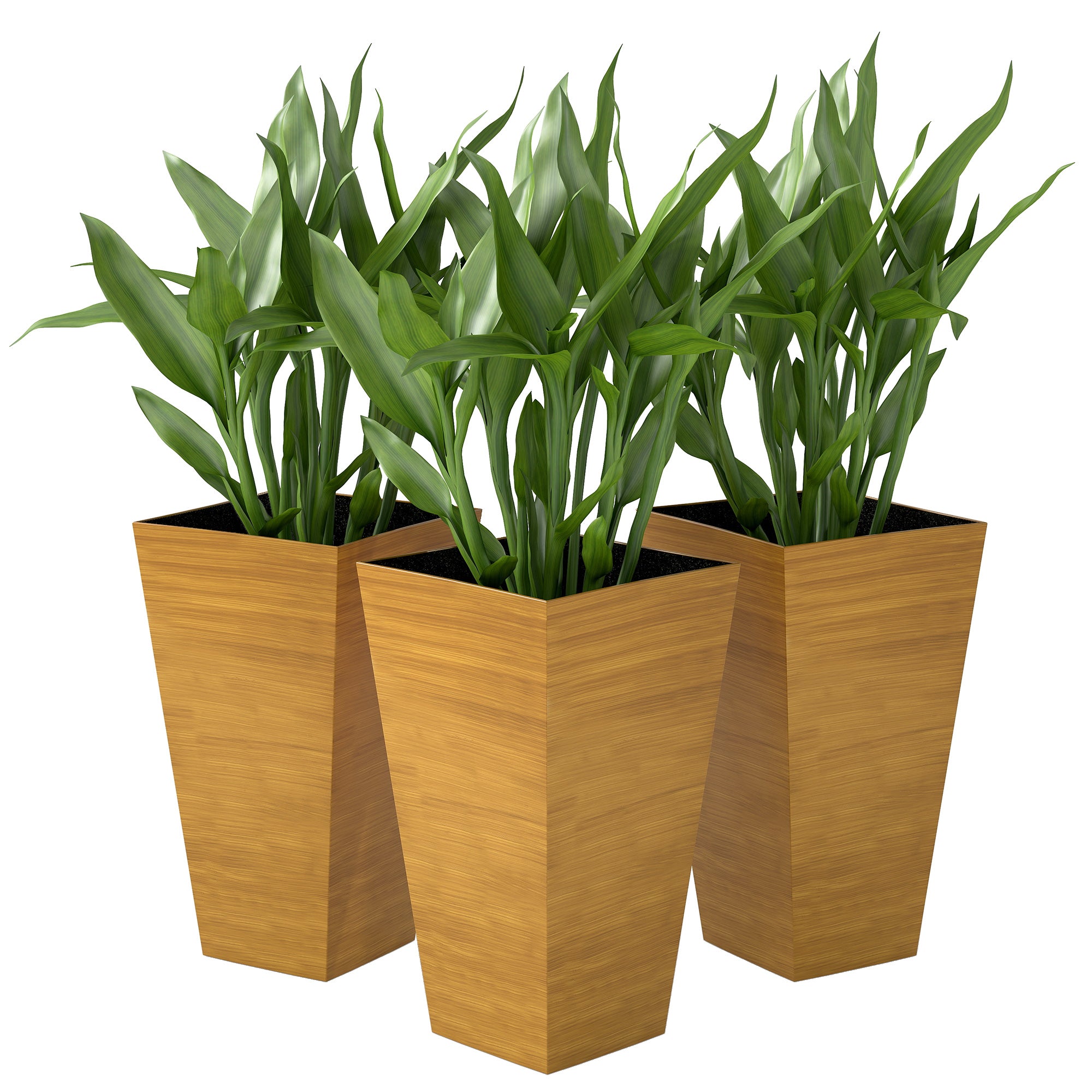 Set of 3 Tall Planters, 28" Outdoor Planter w/ Drainage Holes, Faux Wood Plastic Flower Pots, Light Brown