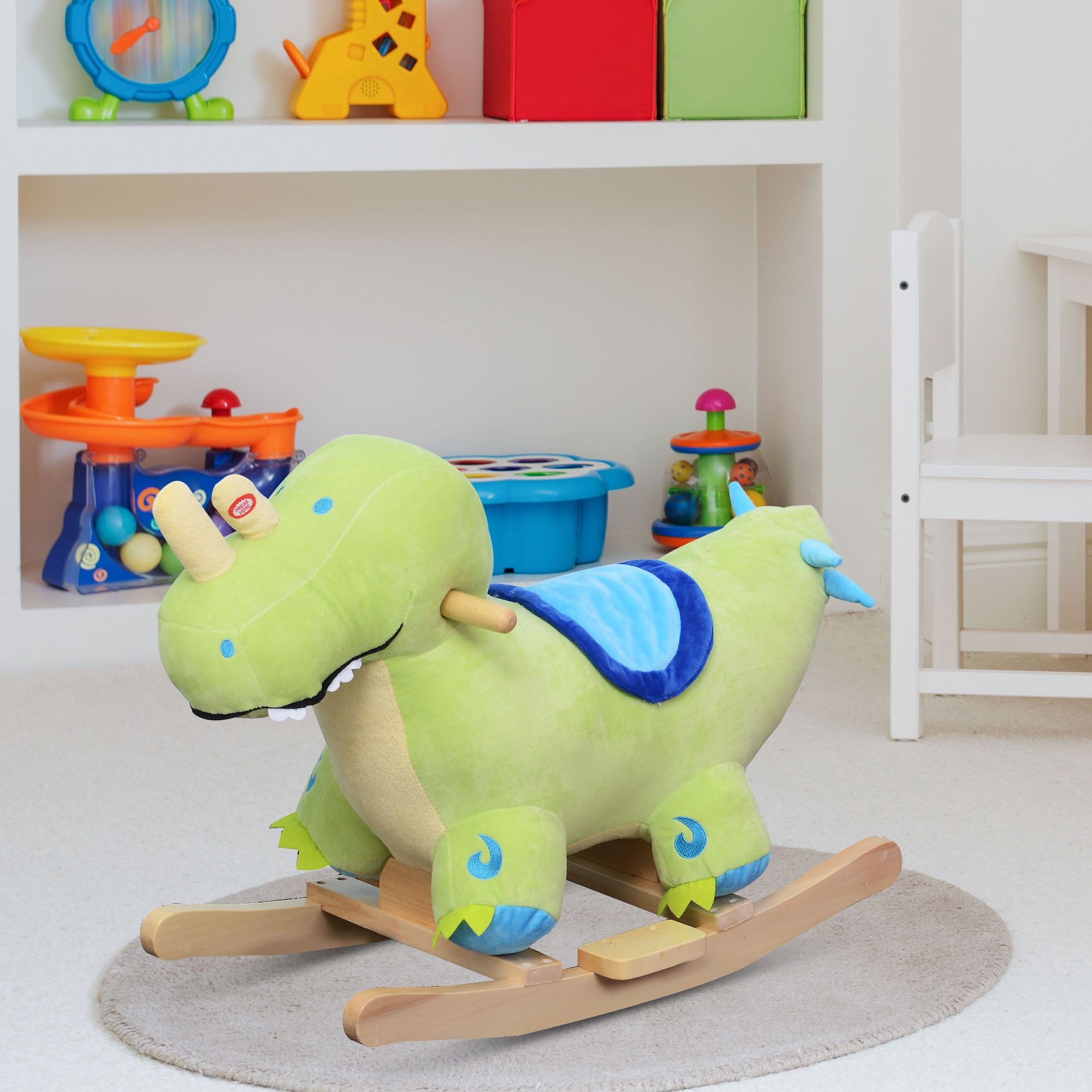 Kids Plush Ride-On Rocking Horse Toy Dinosaur Ride on Rocker Green with Realistic Sounds