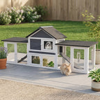 Outdoor Rabbit House 83" 2 Story Deluxe XL Wooden Rabbit Hutch, Big Bunny Cage w/ Ladder and Run, Dark Gray