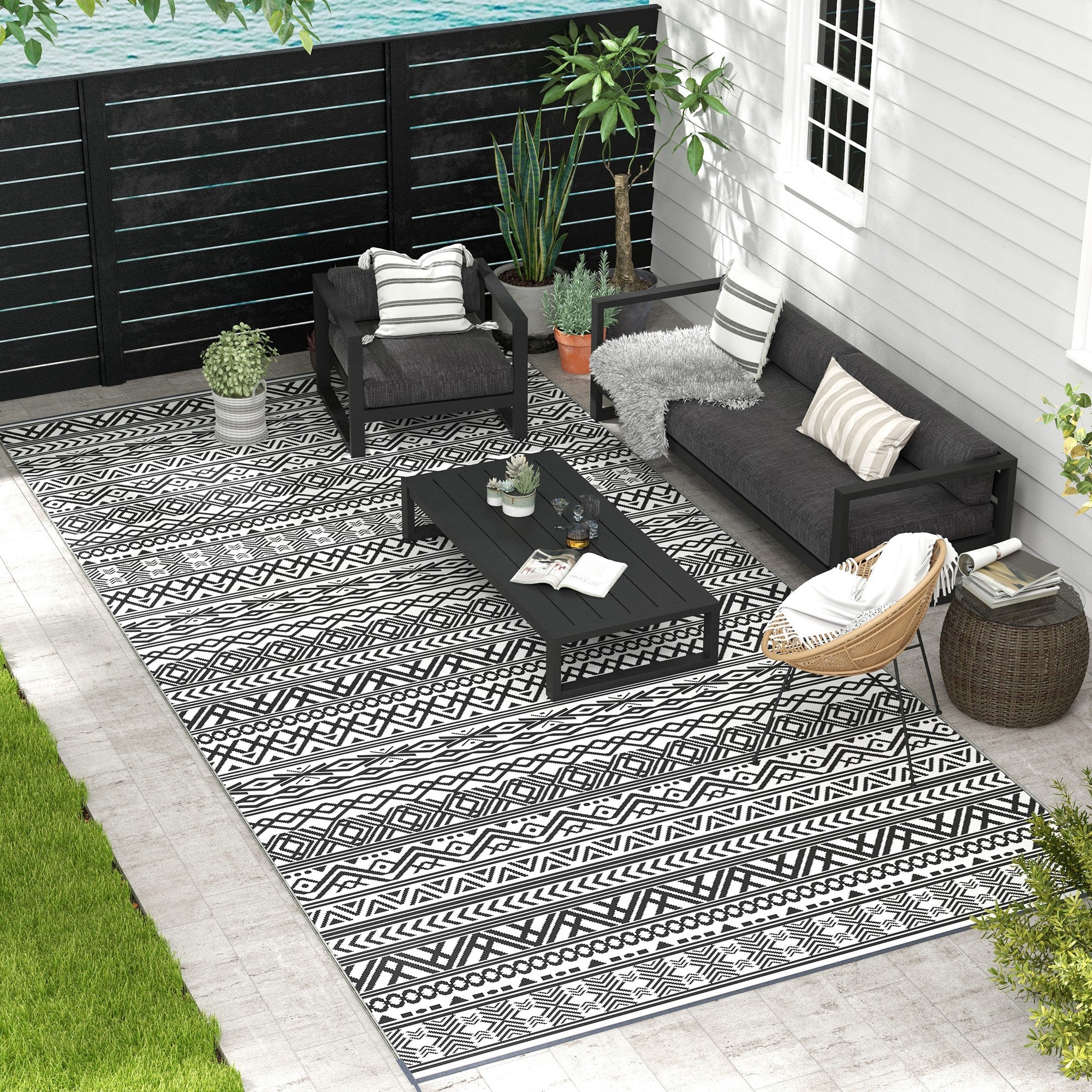 Reversible Outdoor Rug Carpet RV Camping Rugs with Carry Bag, 9' x 18', Gray & Cream White Boho
