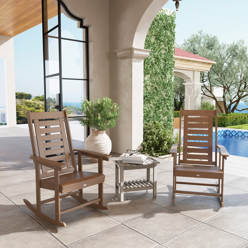 2 Pieces Outdoor Rocking Chairs, HDPE Patio Rockers with 28" High Back, Wide Armrests for Porch Backyard, Brown