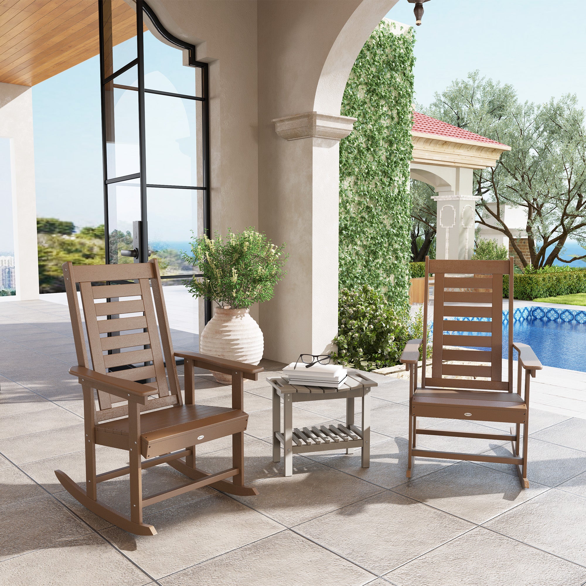 2 Pieces Outdoor Rocking Chairs, HDPE Patio Rockers with 28" High Back, Wide Armrests for Porch Backyard, Brown