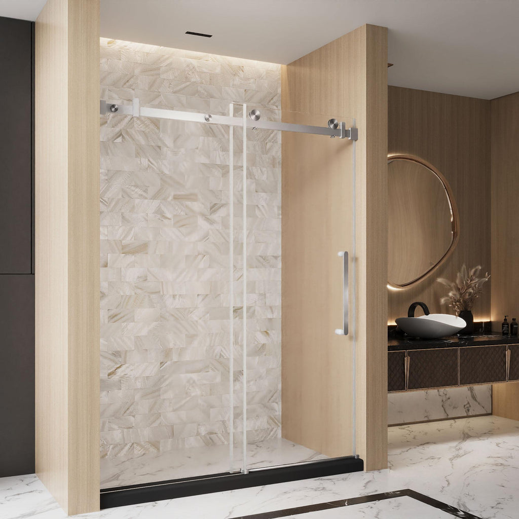 Frameless Shower Door with Anti-Shatter Safety Film and Bottom Water-Blocking Strip, Panel for Bathroom, 60" L x 0.5" W x 76" H, Brushed Nickel