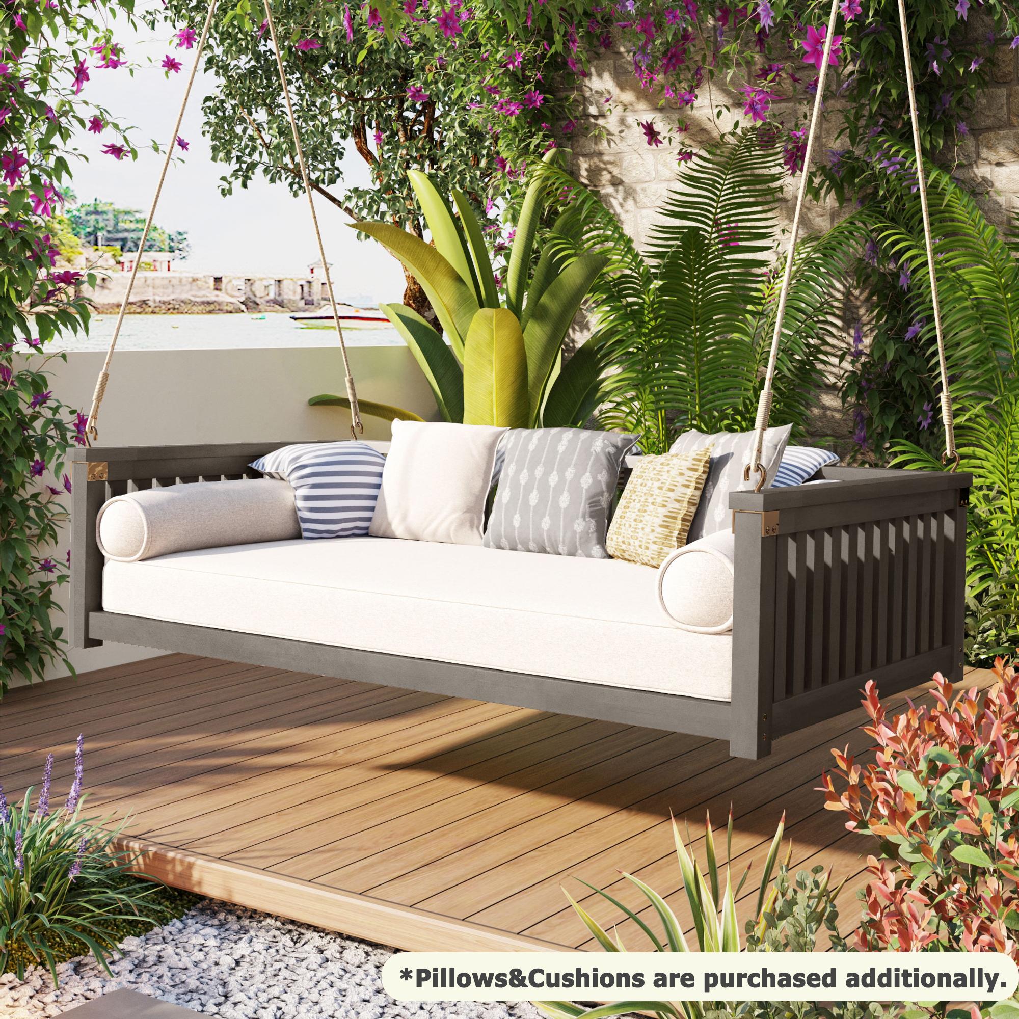 Minimalist Swing Bed with Safe Sloped Design for Backyard, Wooden Porch Swing with High Weight Capacity, 79" L x 41.5" W x 21" H, Gray
