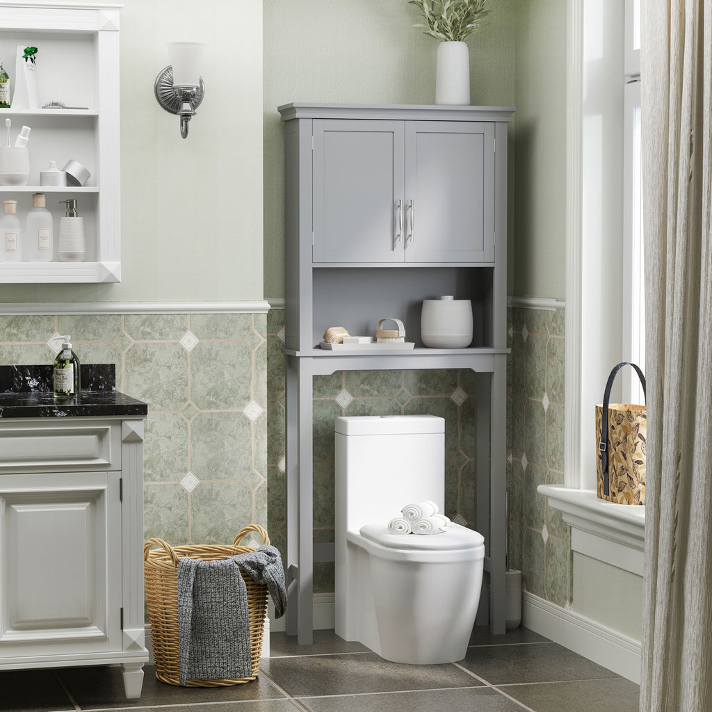 Modern Over The Toilet Storage Cabinet, Double Door Bathroom Organizer with Inner Adjustable Shelf and Open Shelf, Gray