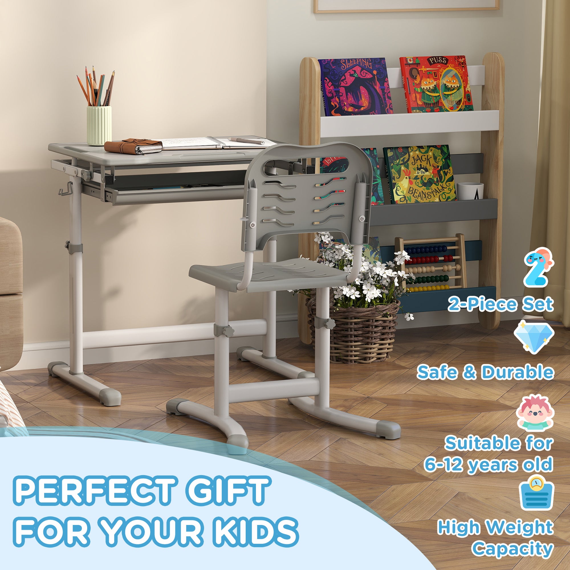 Height Adjustable Kids Desk and Chairs Set with Tilt Desktop, Storage Drawer, Pen Slot, Hook, Gray