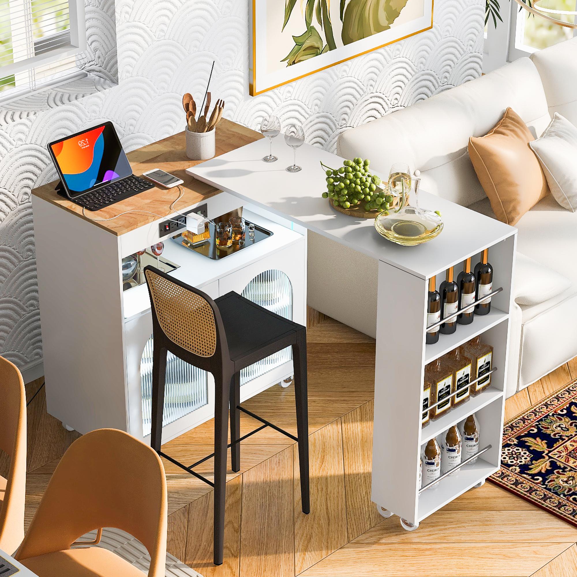 LED Kitchen Island with Extended Table, Power Outlets, Fluted Glass Doors, Utility Cart with Shelves and Cabinet, 56.5" L x 33" W x 38" H, White