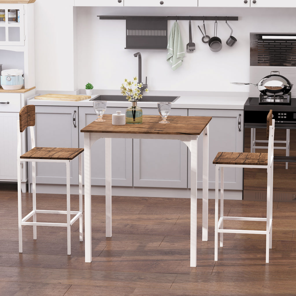 3 Piece Industrial Counter Height Dining Table Set, Bar Table & Chairs with Steel Legs & Footrests, White
