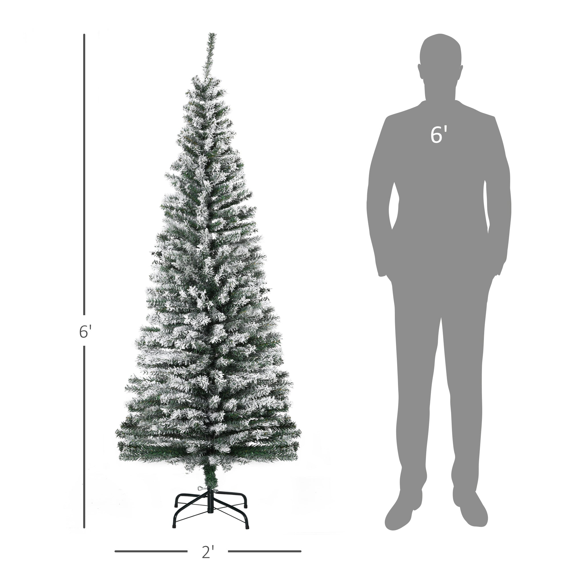 6ft Flocked Christmas Tree, Pencil Artificial Xmas Tree with Faux Snow, Dense Branches, Foldable Metal Base for Indoor Holiday Decor