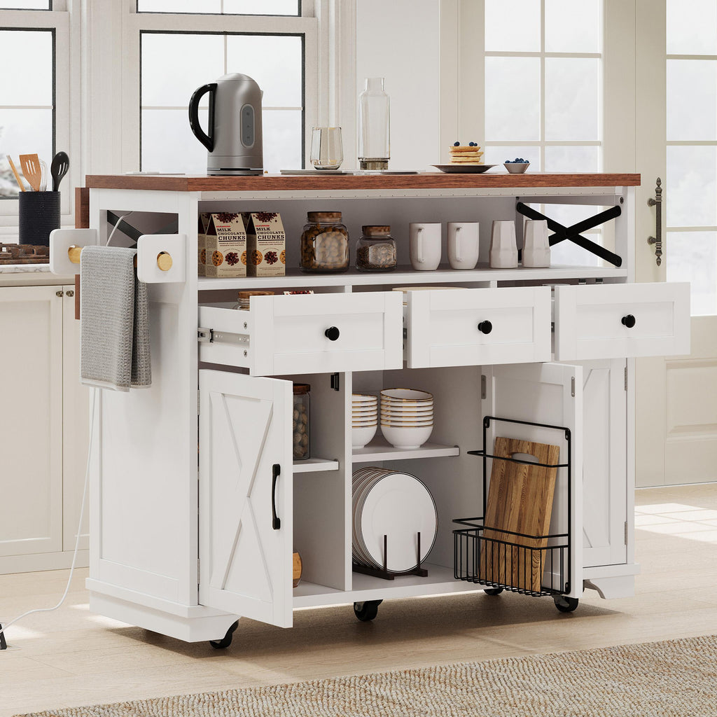 Farmhouse Kitchen Island Cart with Beaded Drape, Power Outlet, Drop Leaf, Rolling Wheels, 3 Doors, 3 Drawers, Adjustable Shelves, White