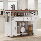 Farmhouse Kitchen Island Cart with Beaded Drape, Power Outlet, Drop Leaf, Rolling Wheels, 3 Doors, 3 Drawers, Adjustable Shelves, White