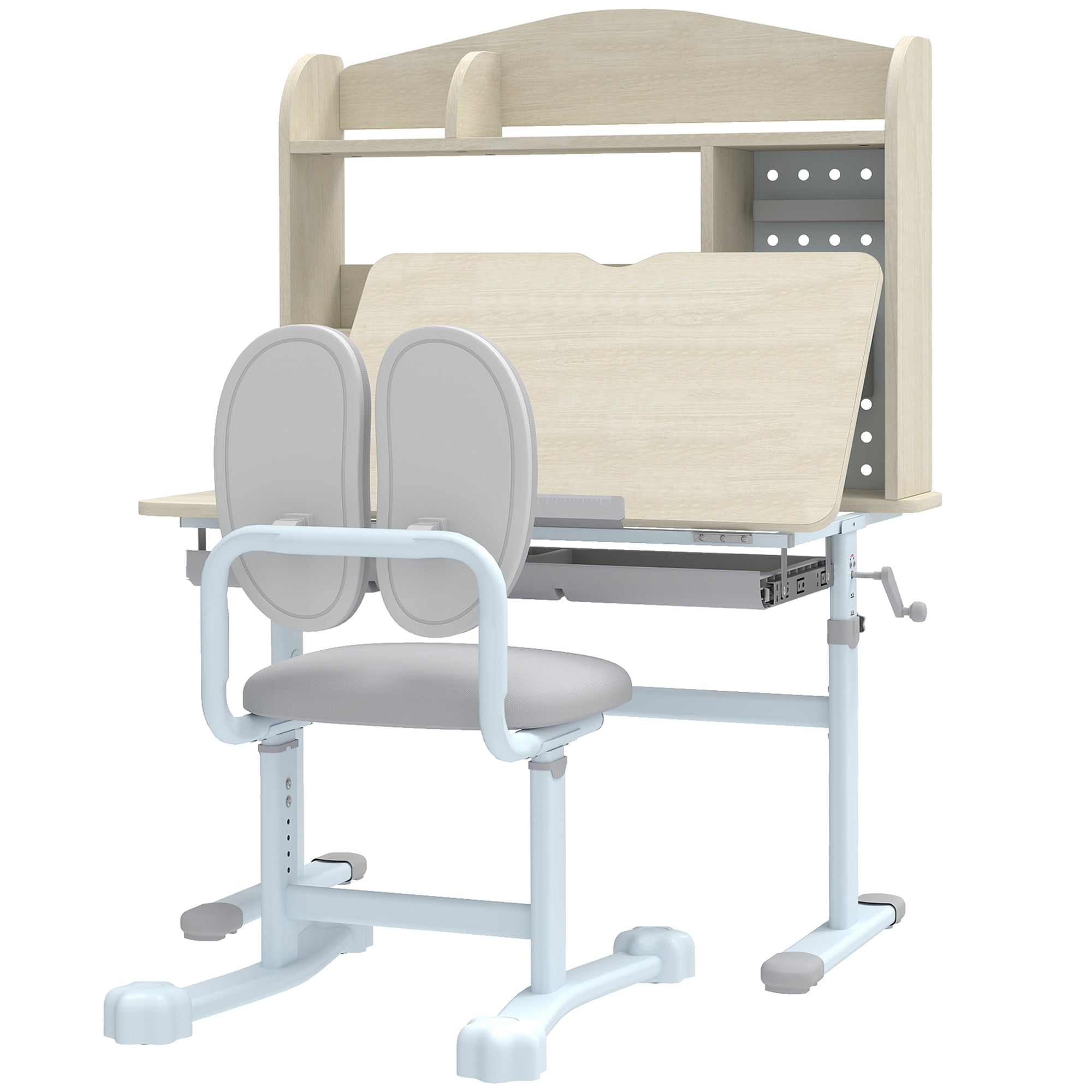 Kids Study Desk and Chair Set with Adjustable Height, Tiltable Desktop, Hutch and Drawer for Ages 3-12, Gray