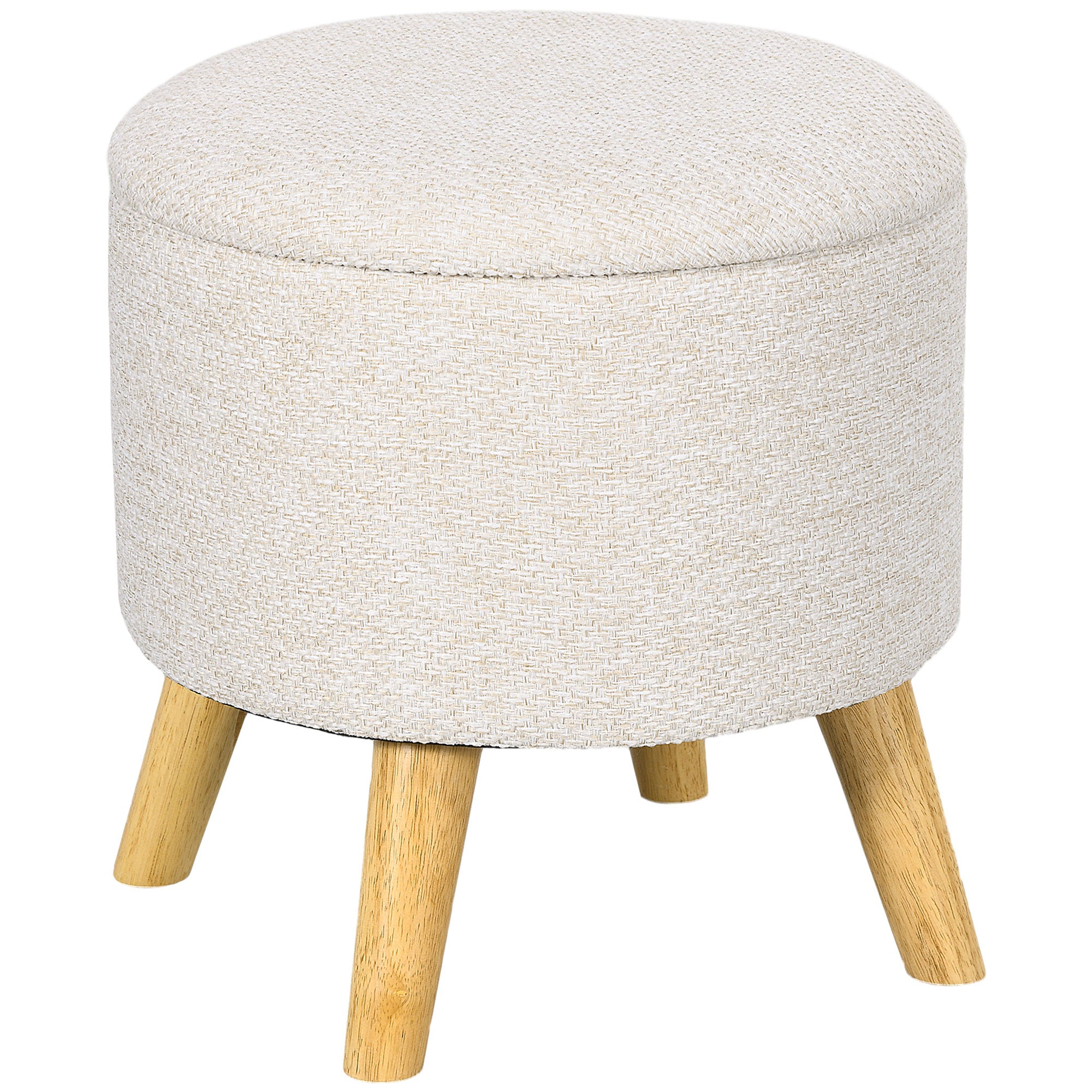 Round Ottoman Stool with Storage, Linen Fabric Upholstered Foot Stool with Padded Seat, Hidden Space and Wood Legs