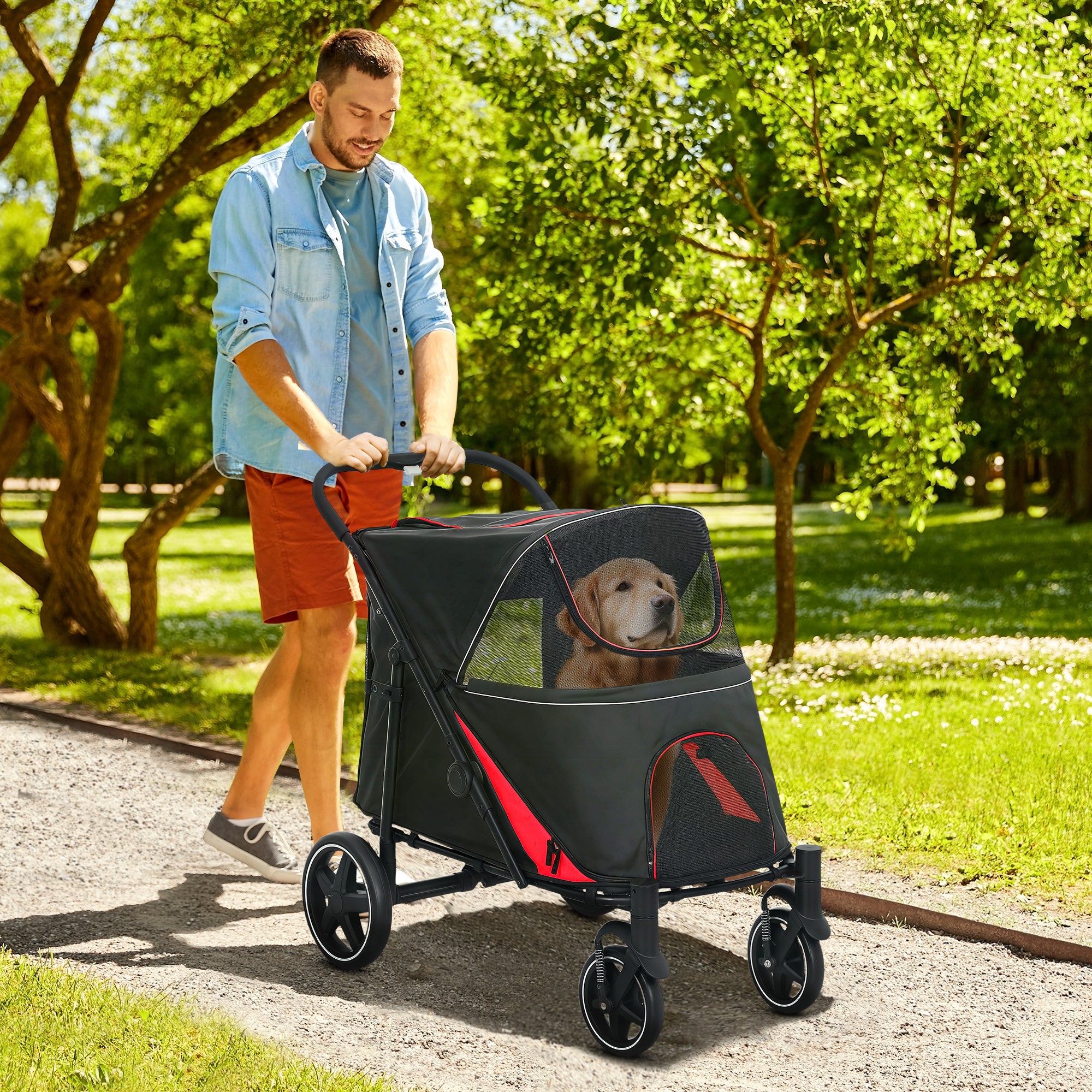 One-Click Foldable Dog Stroller for M, L Dogs, Pet Stroller, Black